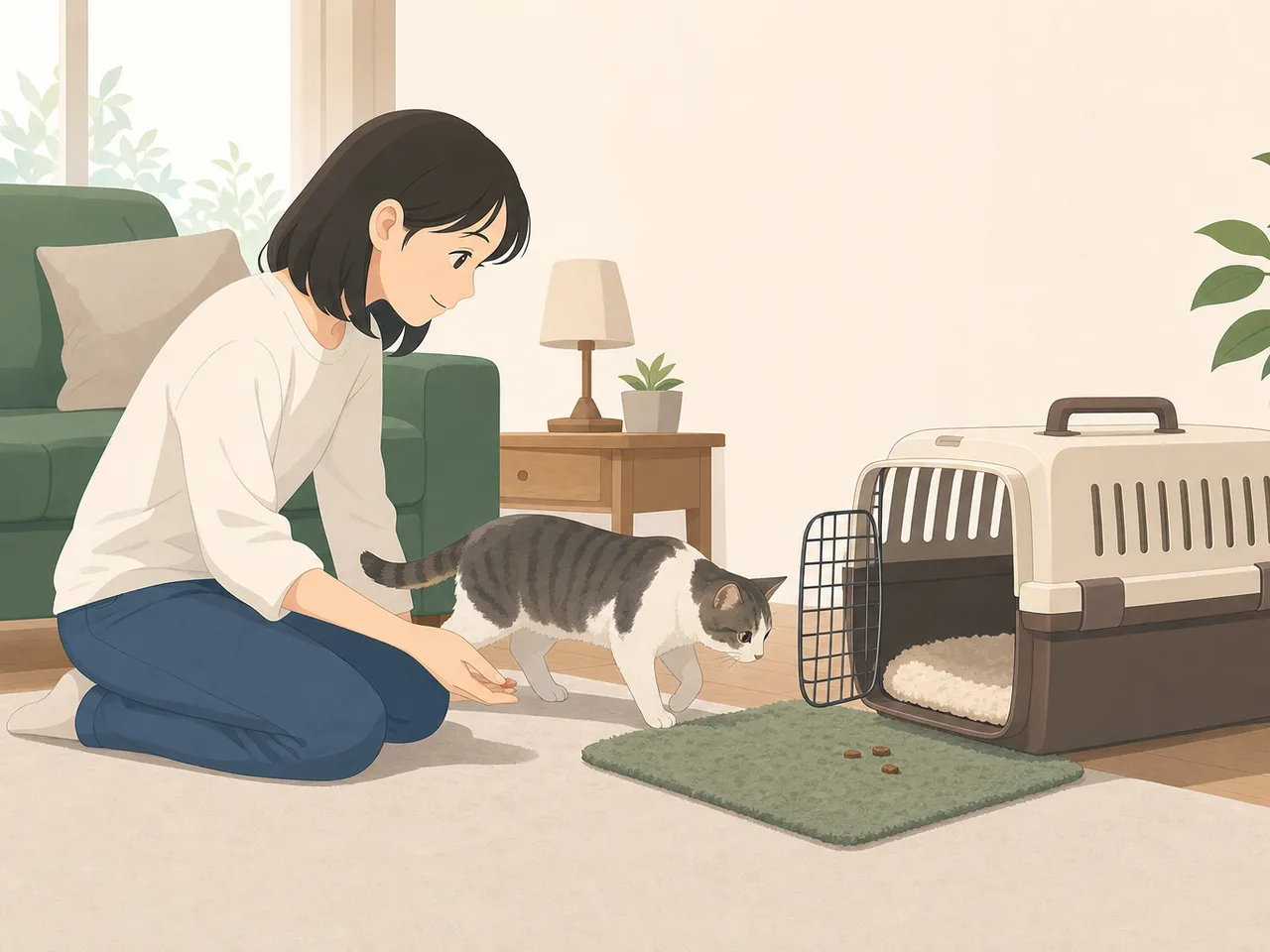 ペットのキャリーケース練習をする日本人（フラットイラスト）。キャリーケース練習、犬猫、ペット、防災の記事向け素材です。