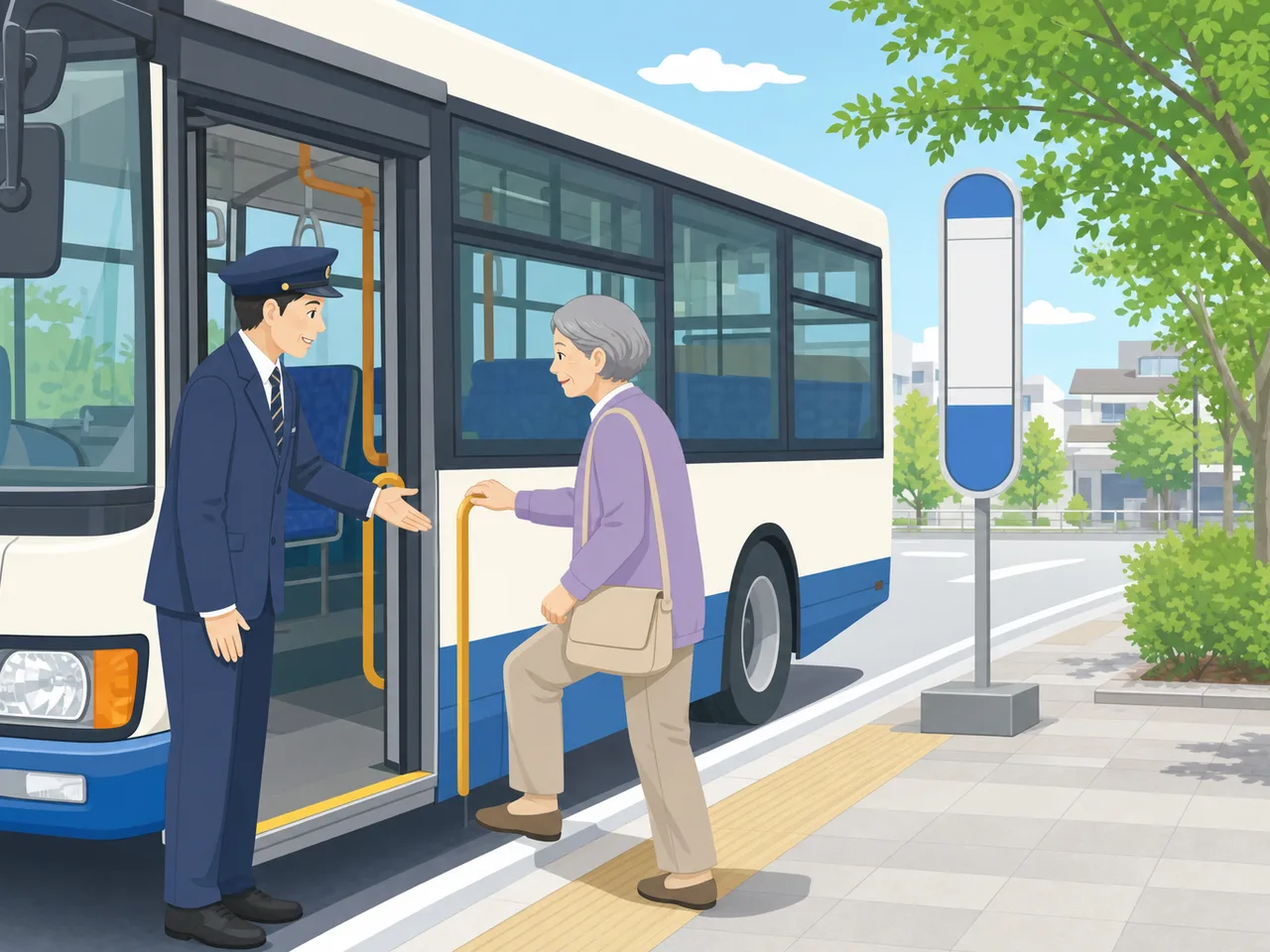 乗客を迎える日本人バス運転手（フラットイラスト）。バス運転手、公共交通、バリアフリー、地域交通の記事向け素材です。