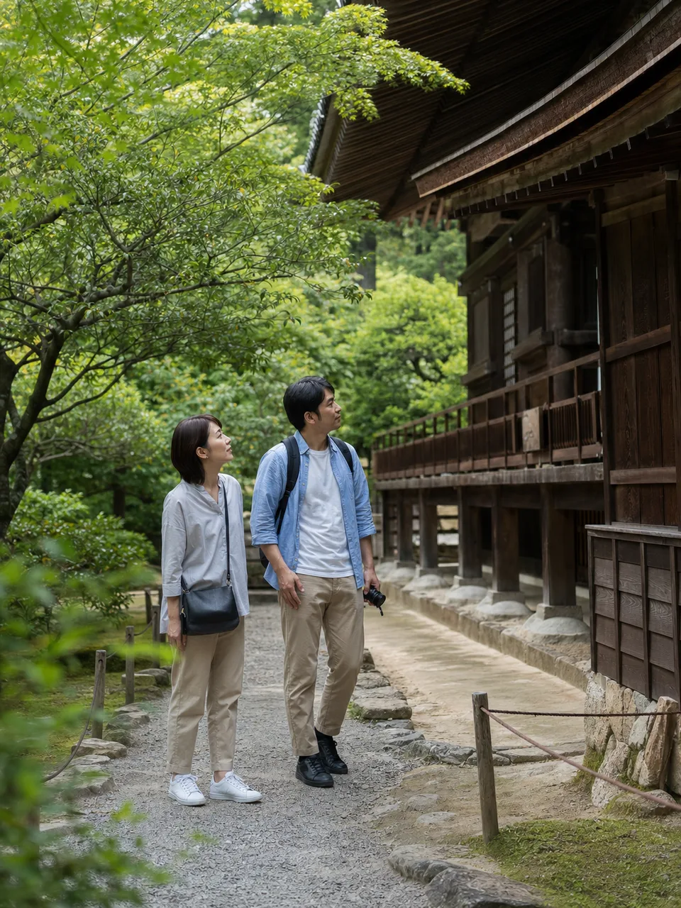お寺の庭を訪れる日本人旅行者（自然な縦位置写真）。お寺、寺院、日本庭園、文化観光の記事向け素材です。