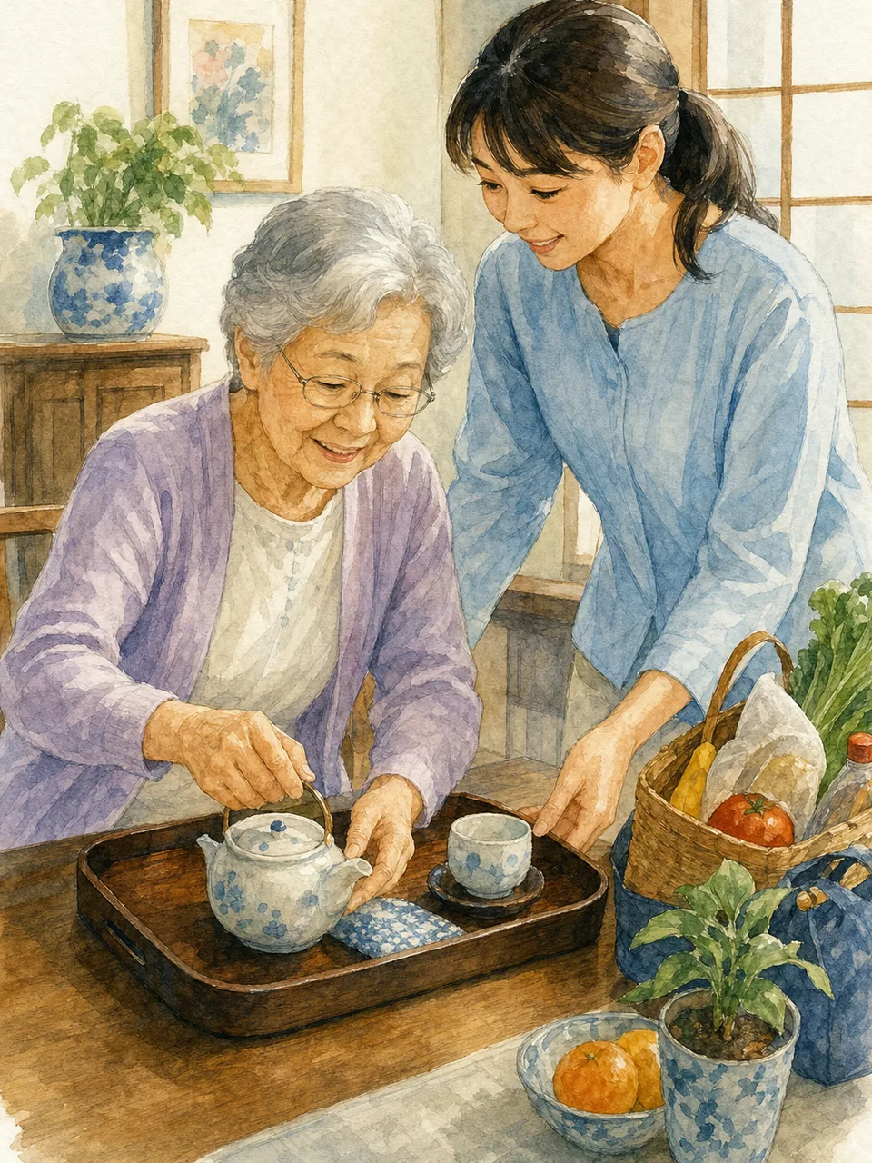訪問介護を利用する日本人高齢者（手描き水彩）。訪問介護、在宅生活、高齢者、生活支援の記事向け素材です。