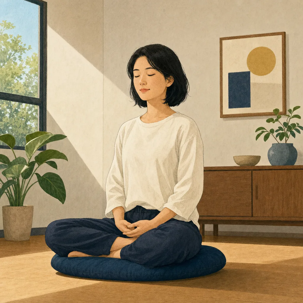 自宅で静かに呼吸を整える日本人（編集記事向け）。マインドフルネス、瞑想、呼吸、リラックスの記事や案内に使える商用素材です。
