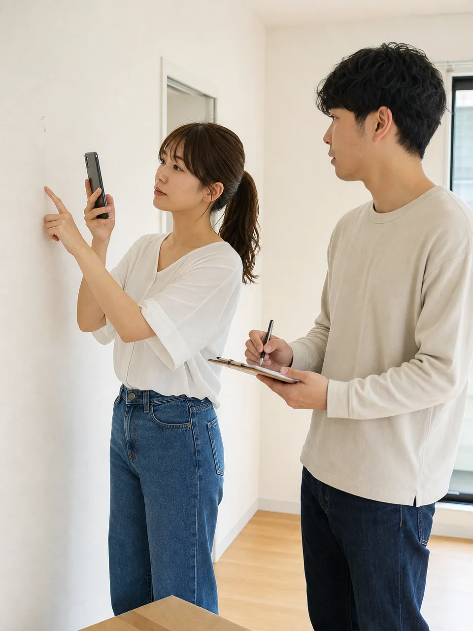 賃貸住宅の入居前点検をする日本人（自然な縦位置写真）。賃貸入居点検、引越し、部屋確認、住まいの記事向け素材です。