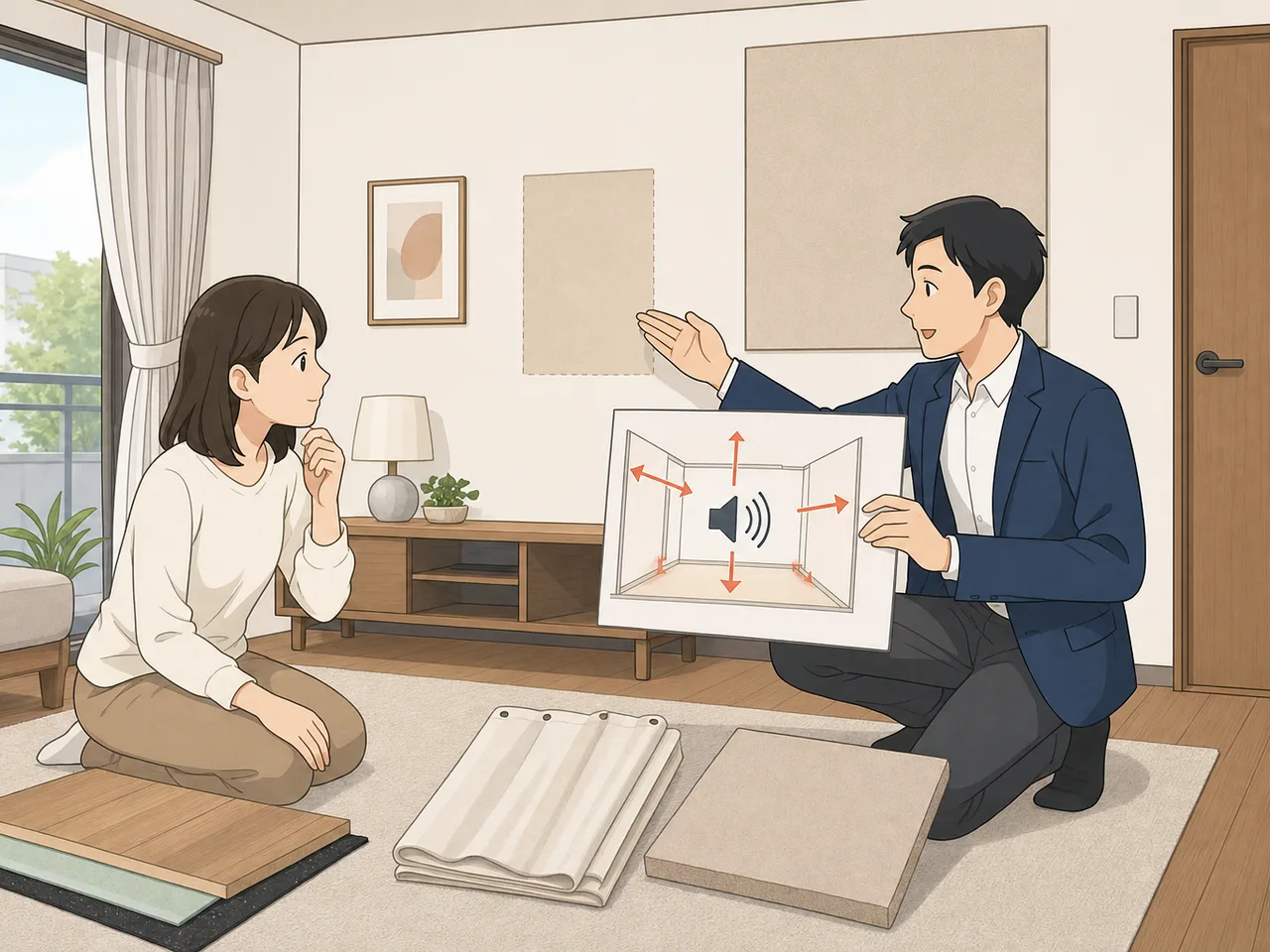 マンションの防音を相談する日本人（フラットイラスト）。マンション防音、生活音、住宅改善、集合住宅の記事向け素材です。