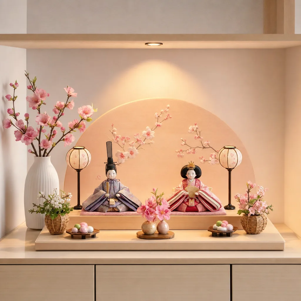ひな祭りを彩るひな人形と桃の花（立体ディスプレイ）。ひな祭り、桃の節句、春、日本文化のデザインに使える素材です。