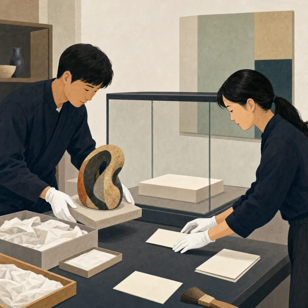 展示準備をする日本人学芸員（編集記事向け）。学芸員、博物館、美術館、展示企画の記事向け素材です。