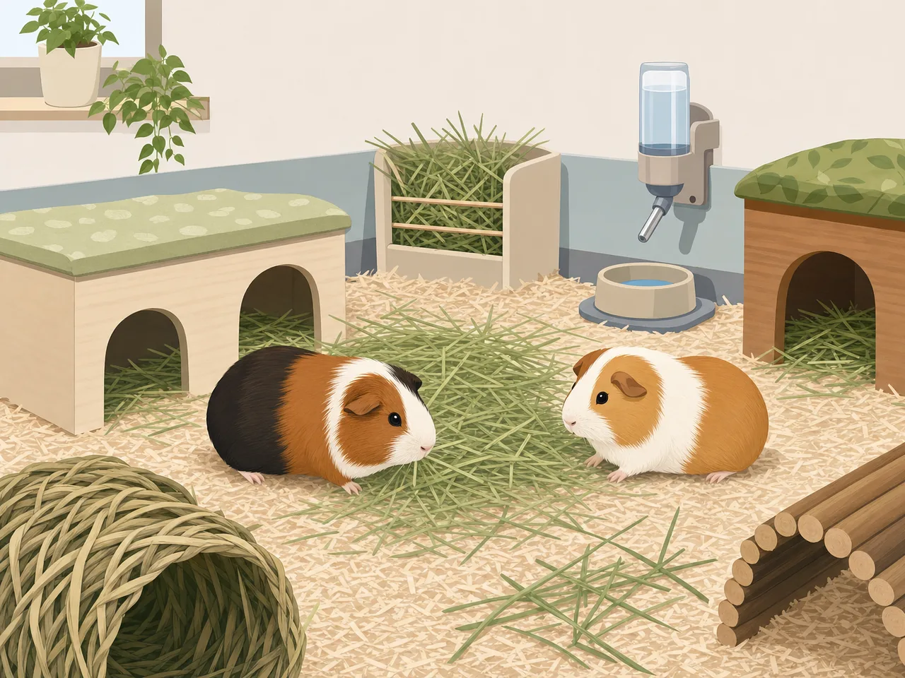 適切な環境で暮らすモルモット（フラットイラスト）。モルモット、小動物、ペット、飼育環境の記事向け素材です。