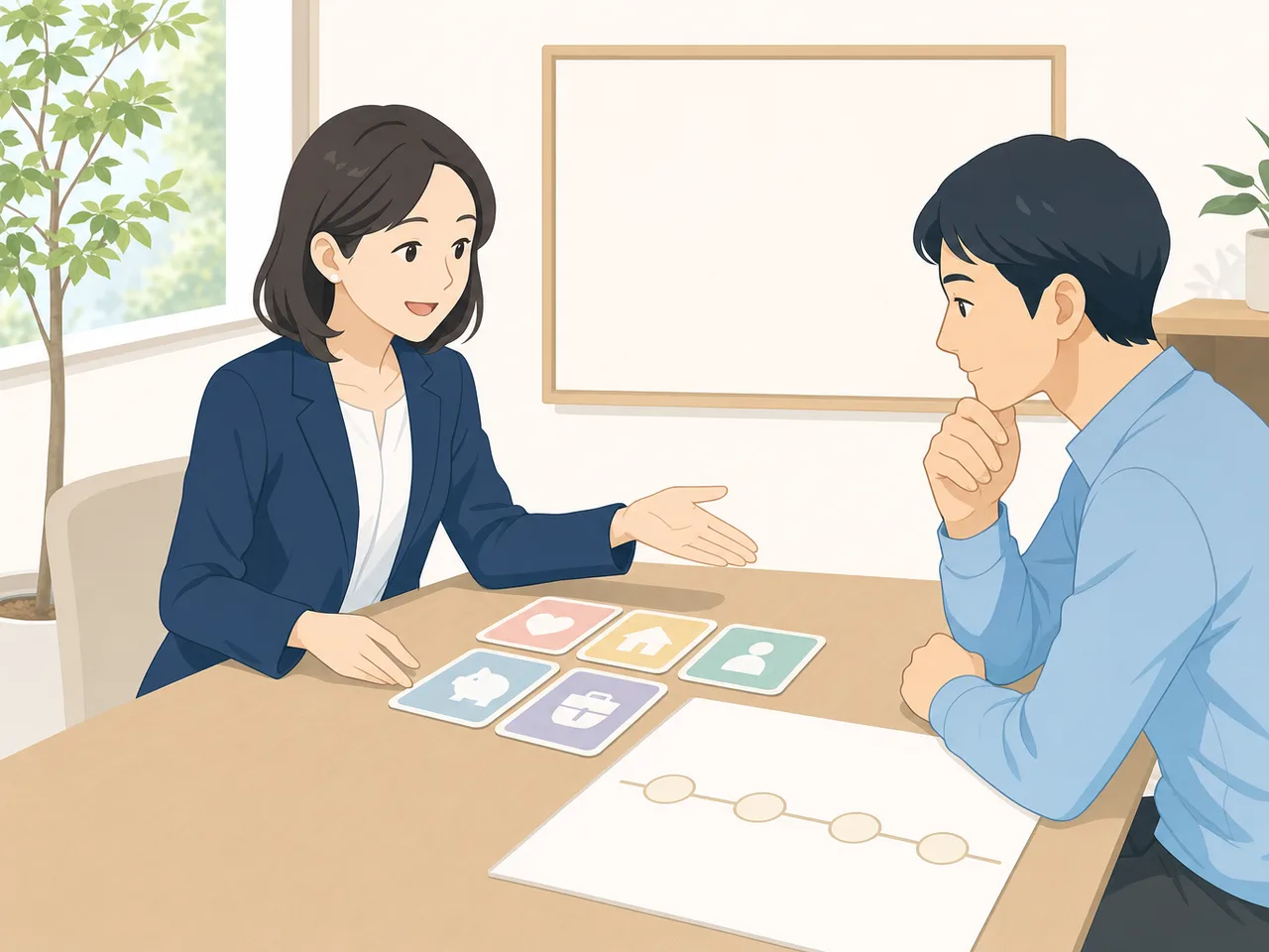 保障を説明する日本人保険担当者（フラットイラスト）。保険営業、保障相談、ライフプラン、金融サービスの記事向け素材です。