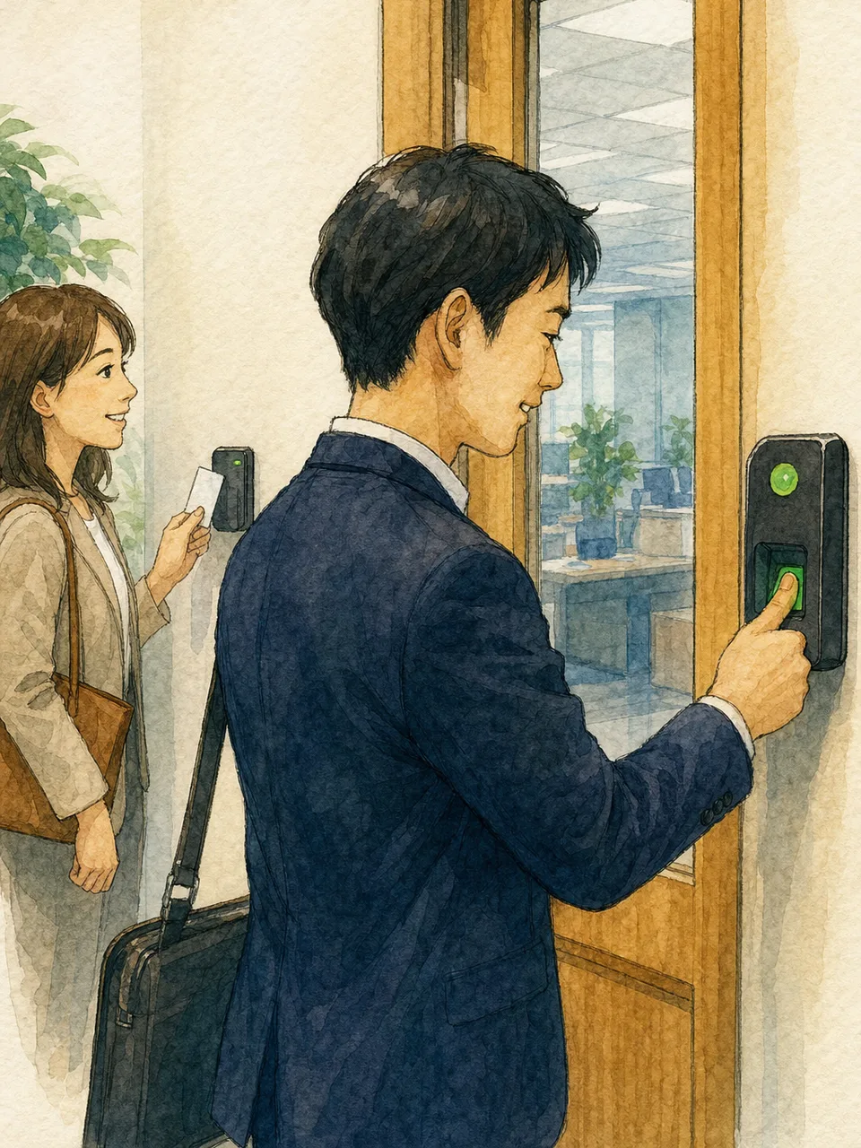 生体認証で入室する日本人会社員（手描き水彩）。生体認証、顔認証、オフィスセキュリティ、本人確認の記事向け素材です。