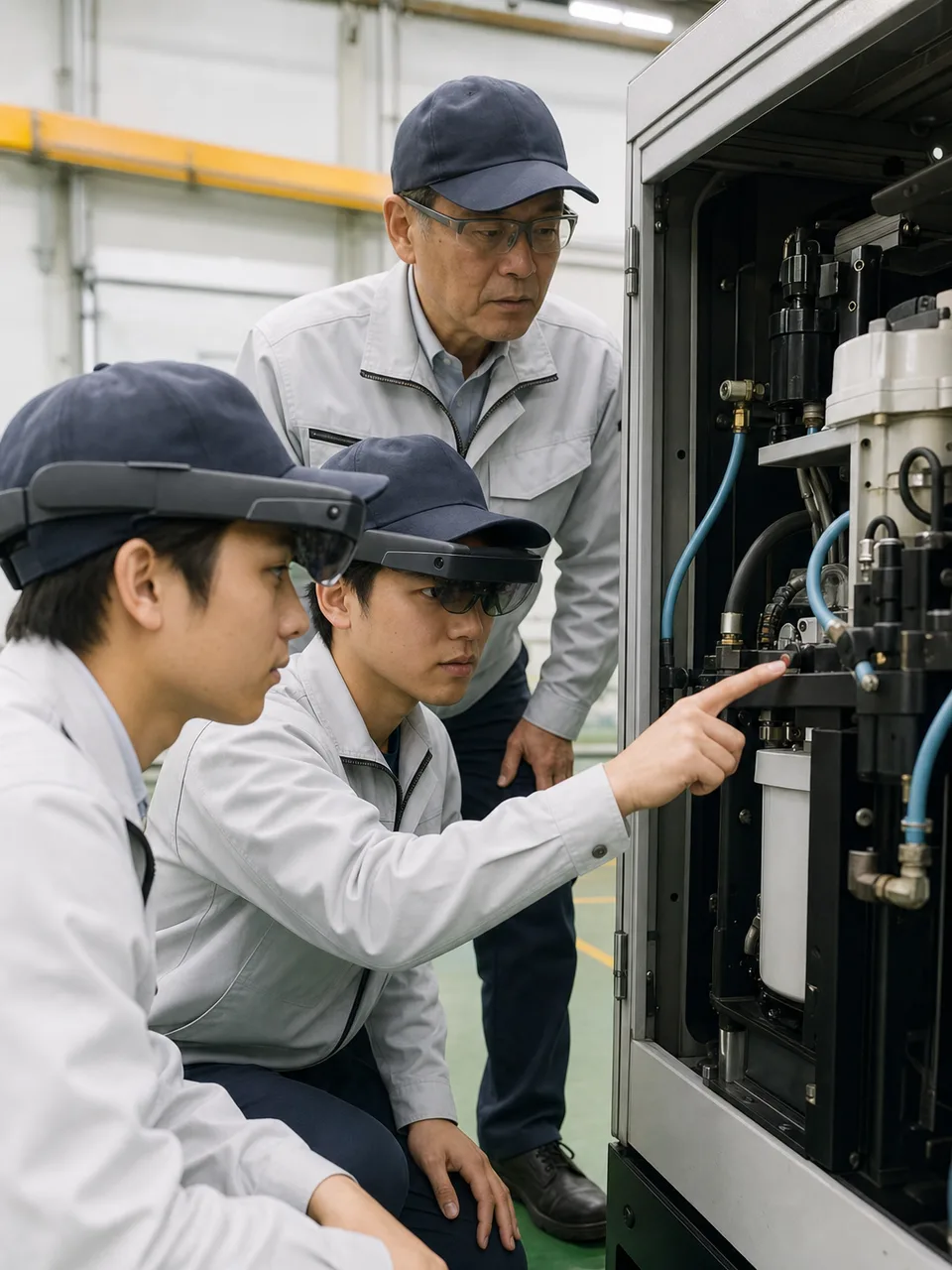 ARで保守訓練をする日本人技術者（自然な縦位置写真）。AR研修、拡張現実、保守訓練、設備保全の記事や案内に使える商用素材です。