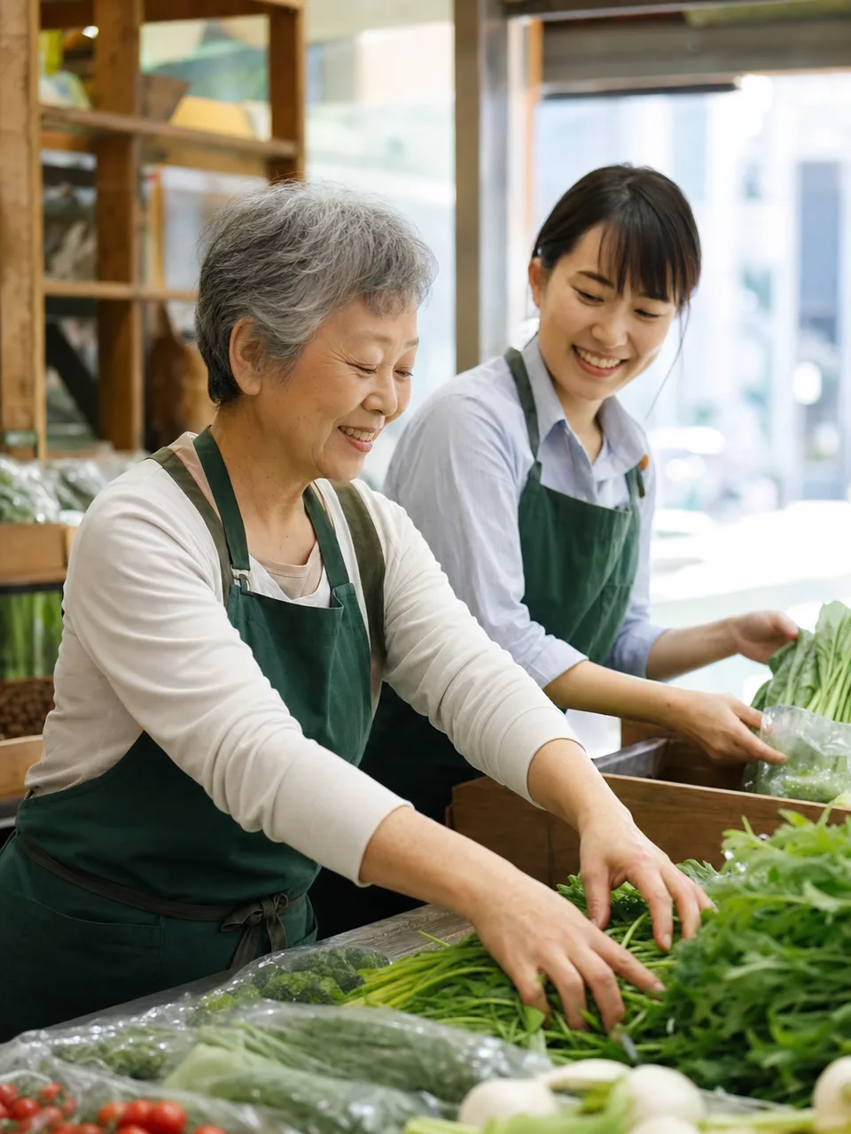 いきいきと働く日本人シニア（自然な縦位置写真）。シニア就労、再雇用、地域の仕事、生涯現役の記事に使える素材です。