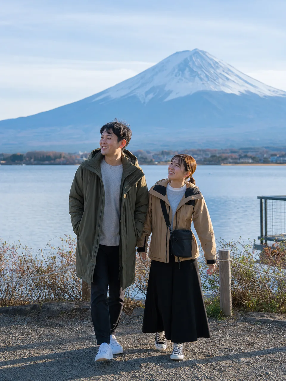 富士山を眺める日本人旅行者（自然な縦位置写真）。富士山、国内観光、自然旅行、地域プロモーションに使える風景素材です。