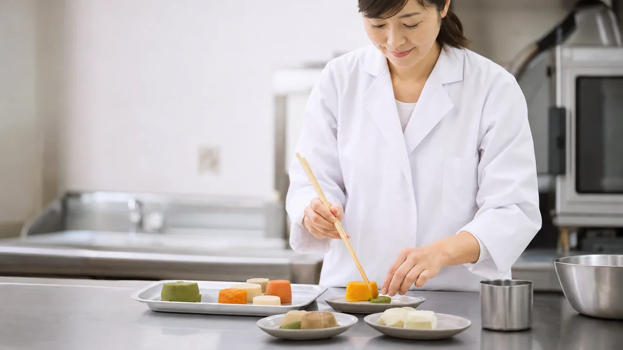 食べやすい食事を整える日本人専門職（横長・コピースペース）。嚥下調整食、介護食、食べやすい食事、高齢者の記事や案内に使える商用素材です。
