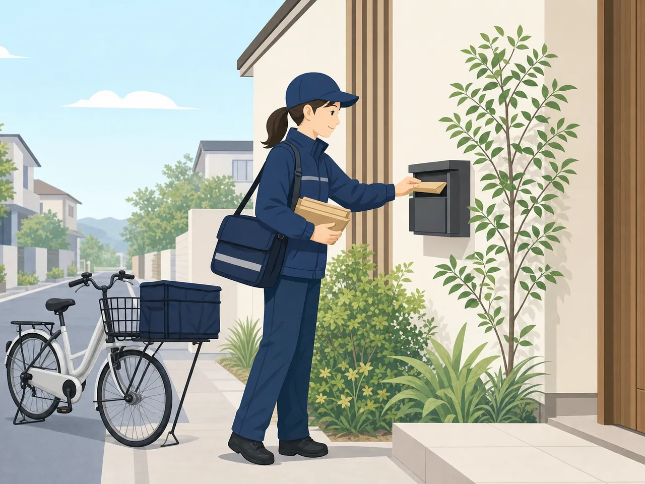 郵便物を届ける日本人配達員（フラットイラスト）。郵便配達員、郵便、地域物流、暮らしの記事に使える素材です。