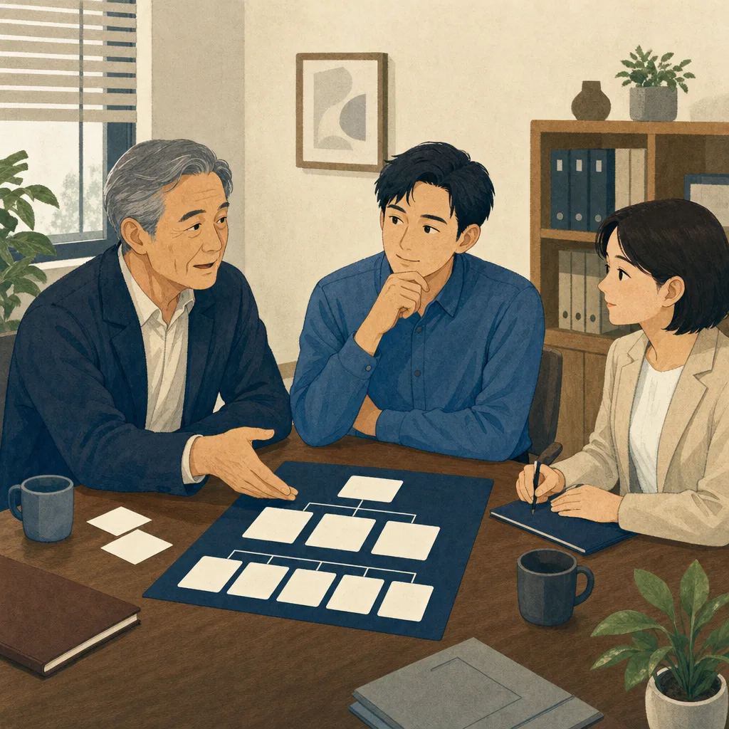 事業承継を話し合う日本人家族（編集記事向け）。事業承継、後継者、家族経営、中小企業の記事や案内に使える商用素材です。