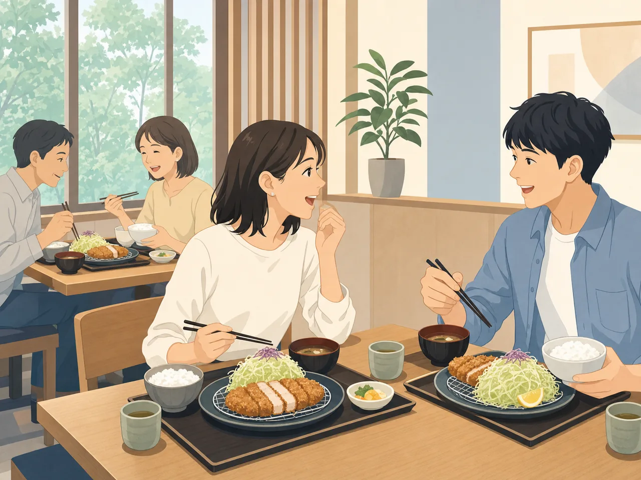 とんかつ定食を楽しむ日本人（フラットイラスト）。とんかつ、定食、和食、外食の記事向け素材です。