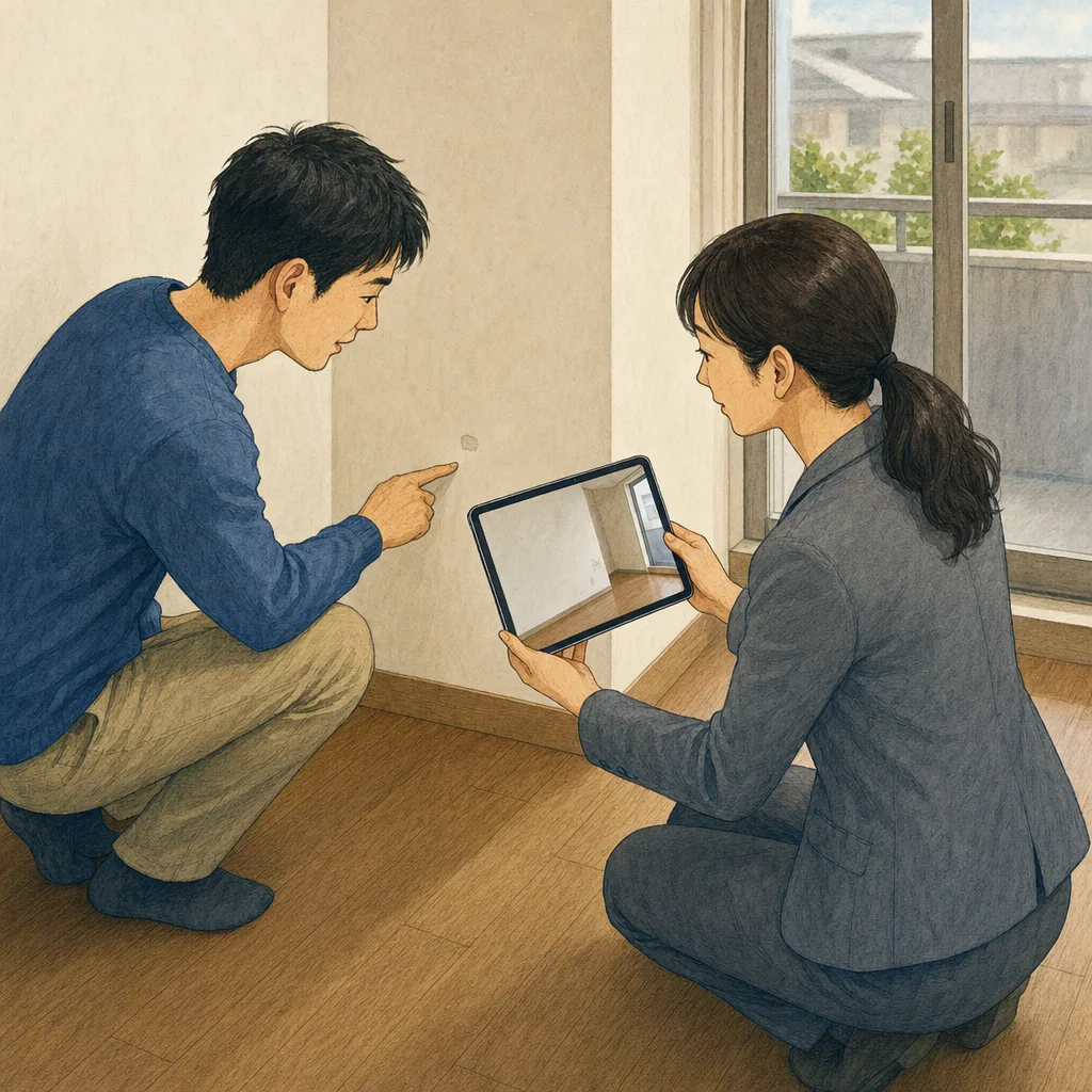 退去立会いをする日本人入居者（編集記事向け）。退去立会い、賃貸、原状確認、引越しの記事向け素材です。