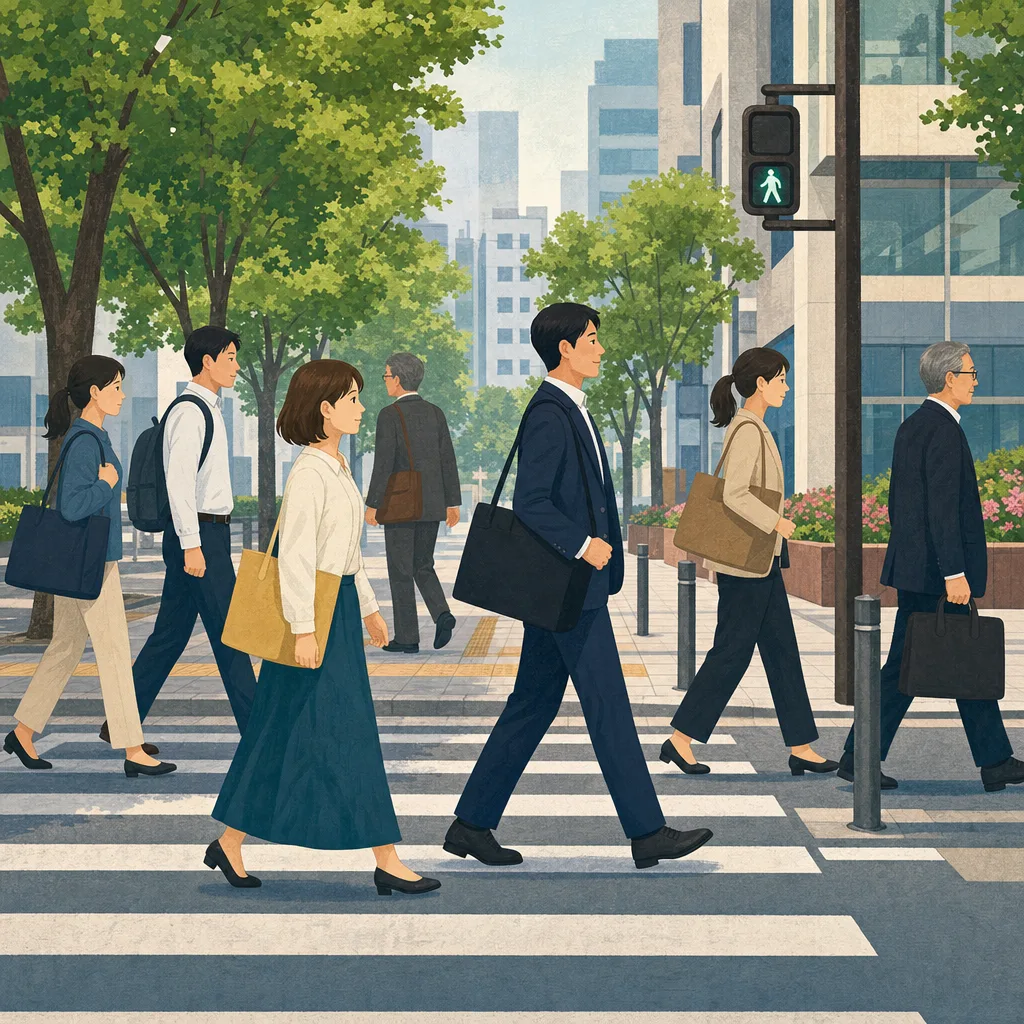 徒歩で通勤する日本人会社員（編集記事向け）。徒歩通勤、通勤、会社員、歩くの記事や案内に使える商用素材です。