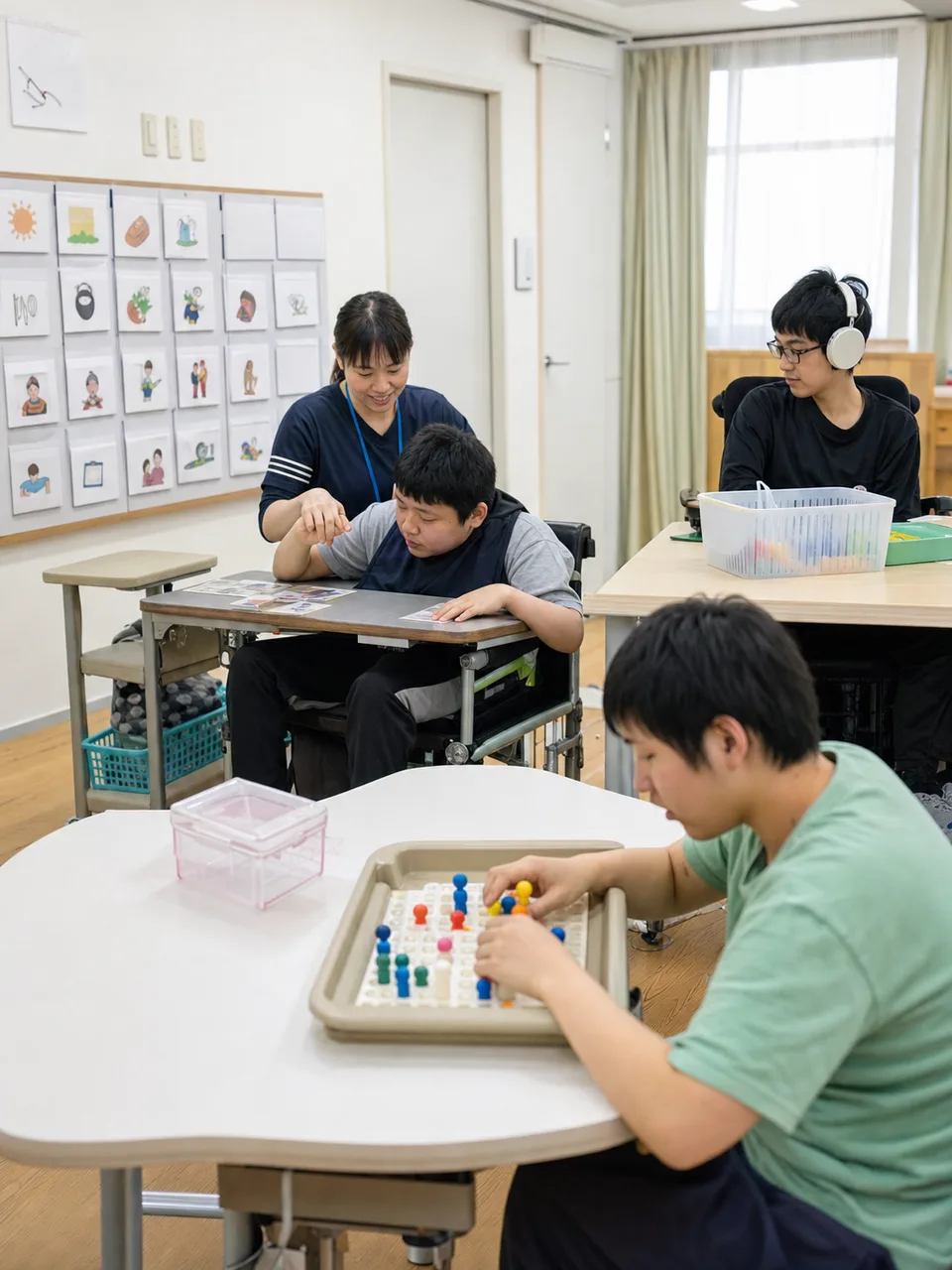 特別支援学校で学ぶ日本人の生徒（自然な縦位置写真）。特別支援学校、個別支援、学習、インクルーシブ教育の記事向け素材です。