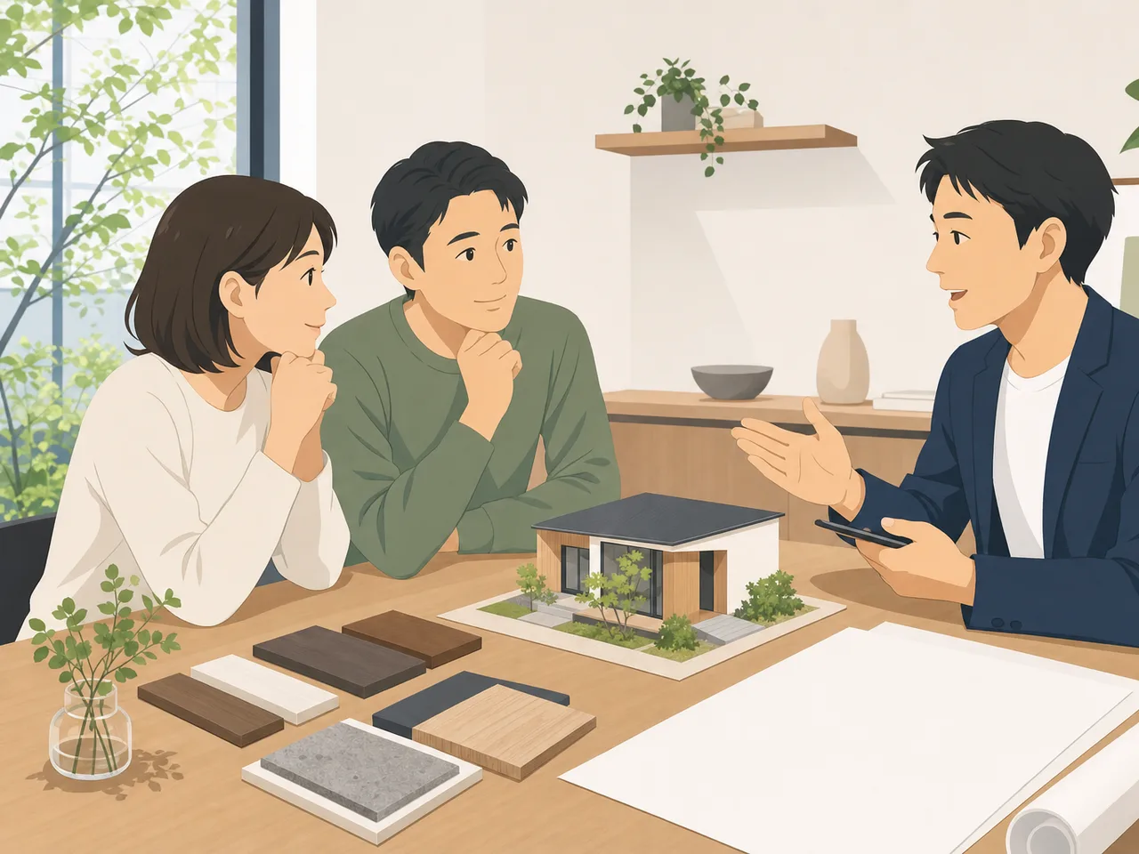 住まいを提案する日本人建築士（フラットイラスト）。建築士、住宅設計、家づくり、設計相談の記事向け素材です。