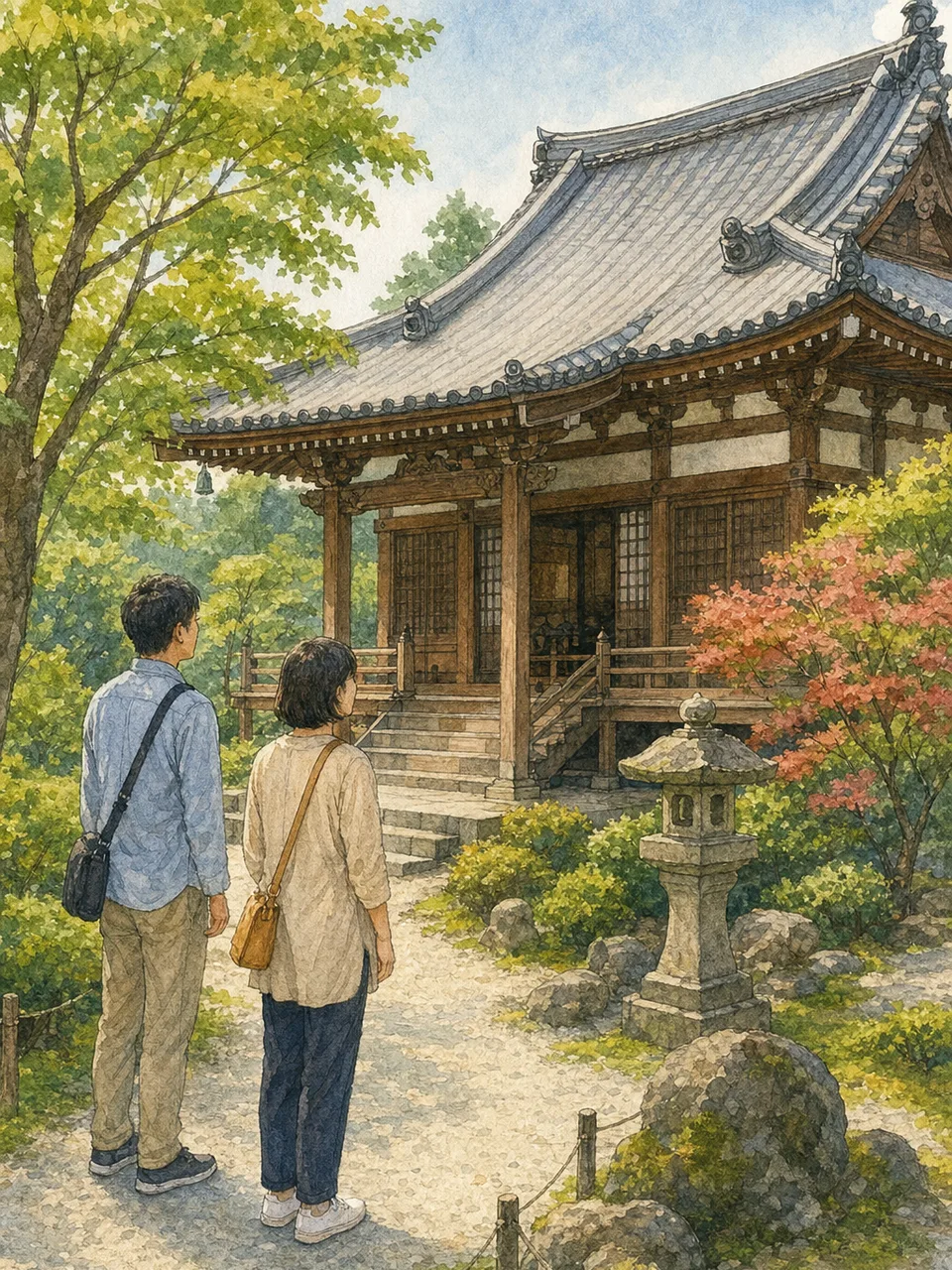 お寺の庭を訪れる日本人旅行者（手描き水彩）。お寺、寺院、日本庭園、文化観光の記事向け素材です。