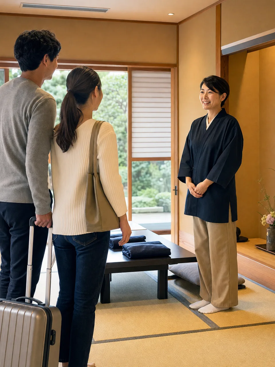旅館で迎える日本人スタッフと旅行者（自然な縦位置写真）。旅館、温泉旅行、おもてなし、国内旅行の記事向け素材です。