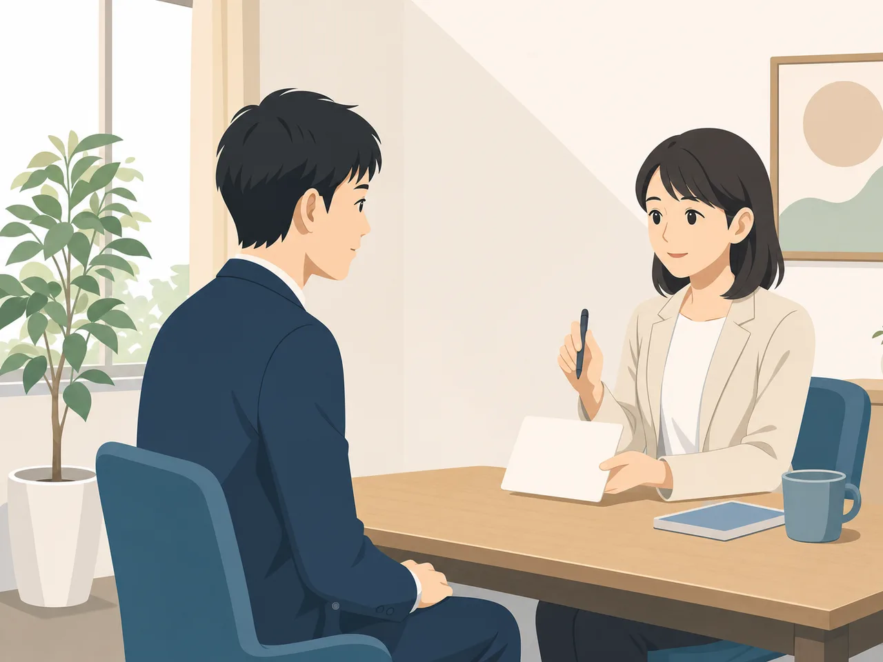 産業保健面談を受ける日本人会社員（フラットイラスト）。産業保健、産業医面談、職場の健康、メンタルヘルスの記事や案内に使える商用素材です。