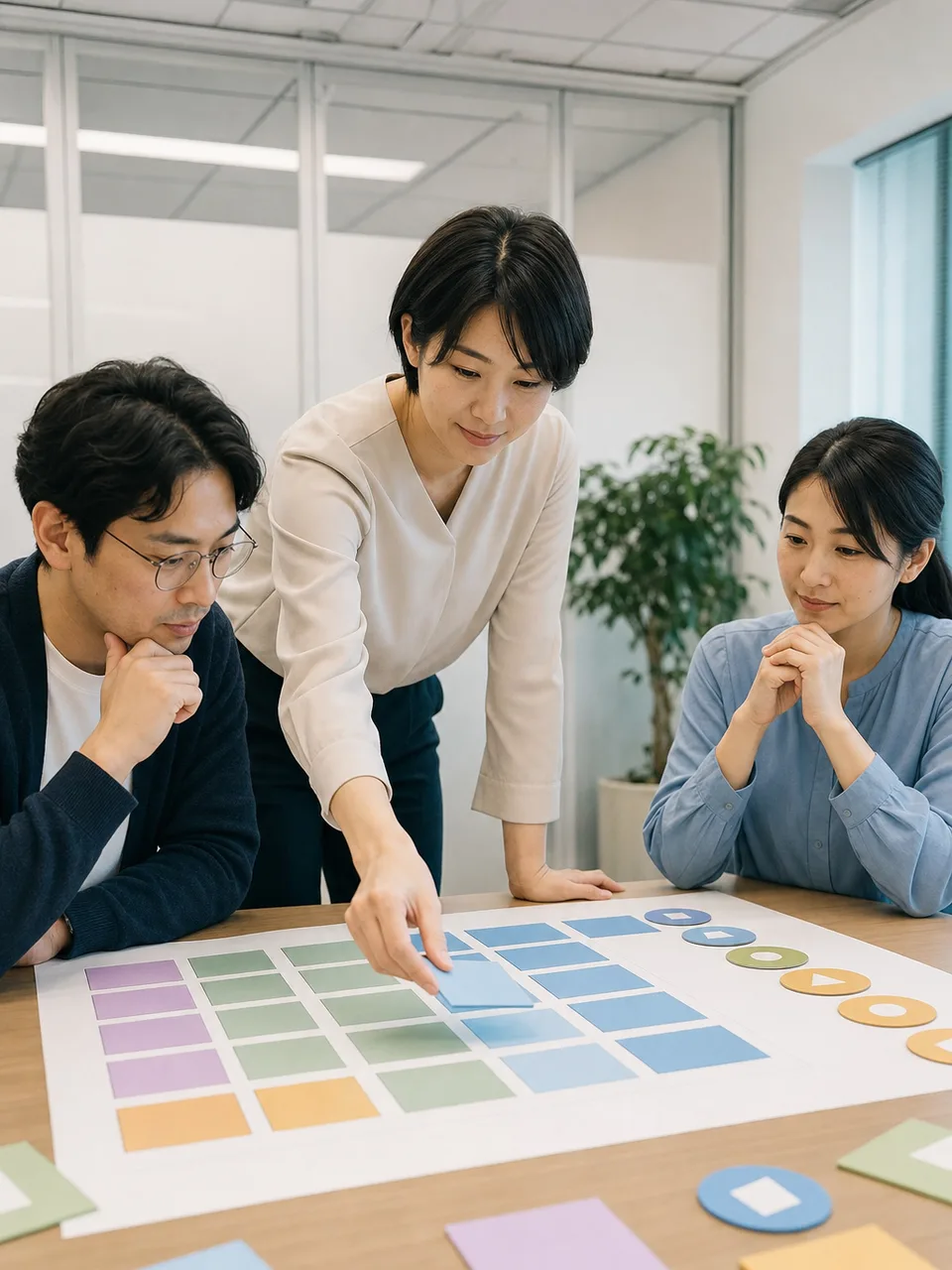 データガバナンスを整える日本人チーム（自然な縦位置写真）。データガバナンス、データ管理、データカタログ、データ品質の記事や案内に使える商用素材です。