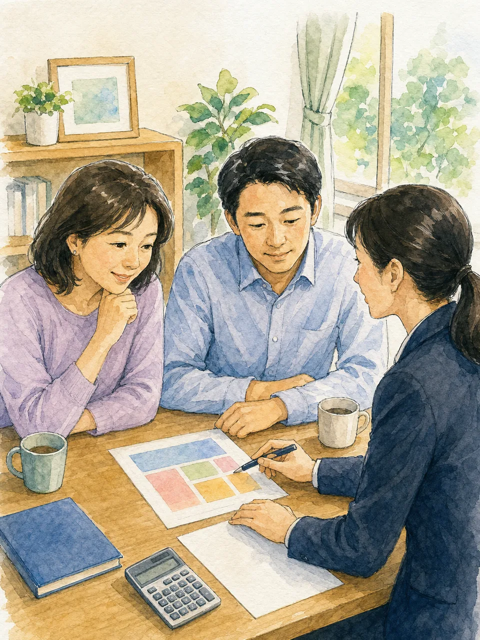 家計を支援する日本人ファイナンシャルプランナー（手描き水彩）。ファイナンシャルプランナー、家計相談、資産形成の記事向け素材です。