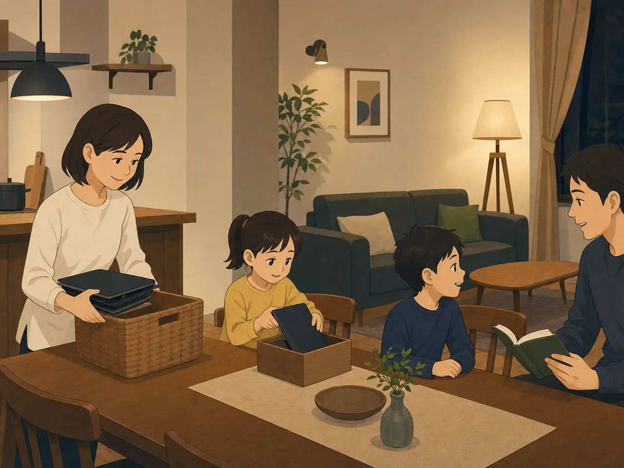 夜を穏やかに過ごす日本人家族（フラットイラスト）。夜の過ごし方、家族団らん、ナイトルーティン、家庭の記事や案内に使える商用素材です。