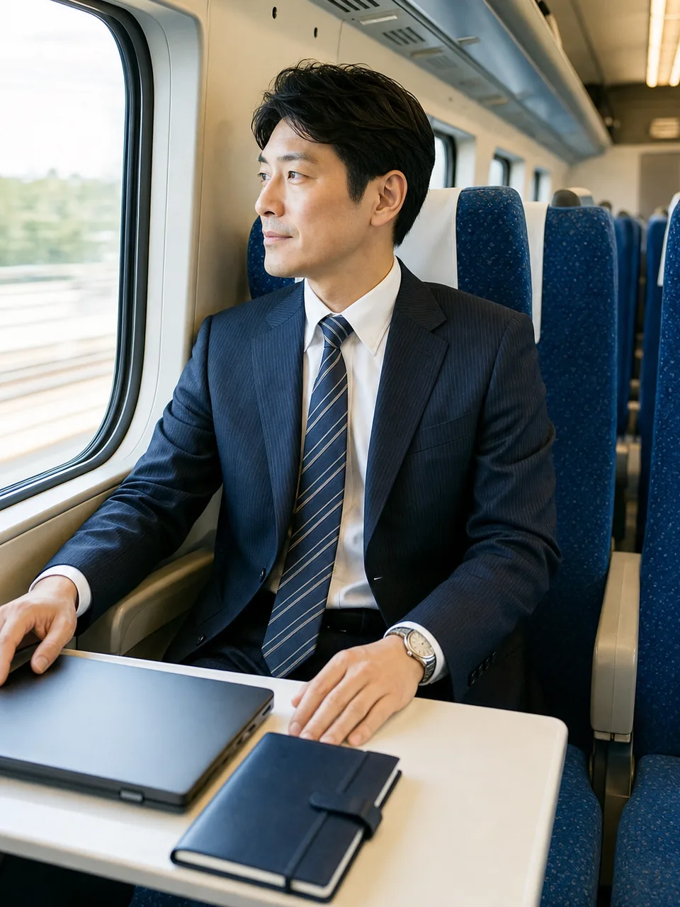 新幹線で出張する日本人会社員（自然な縦位置写真）。新幹線、出張、鉄道、ビジネス旅行に使える移動中の素材です。