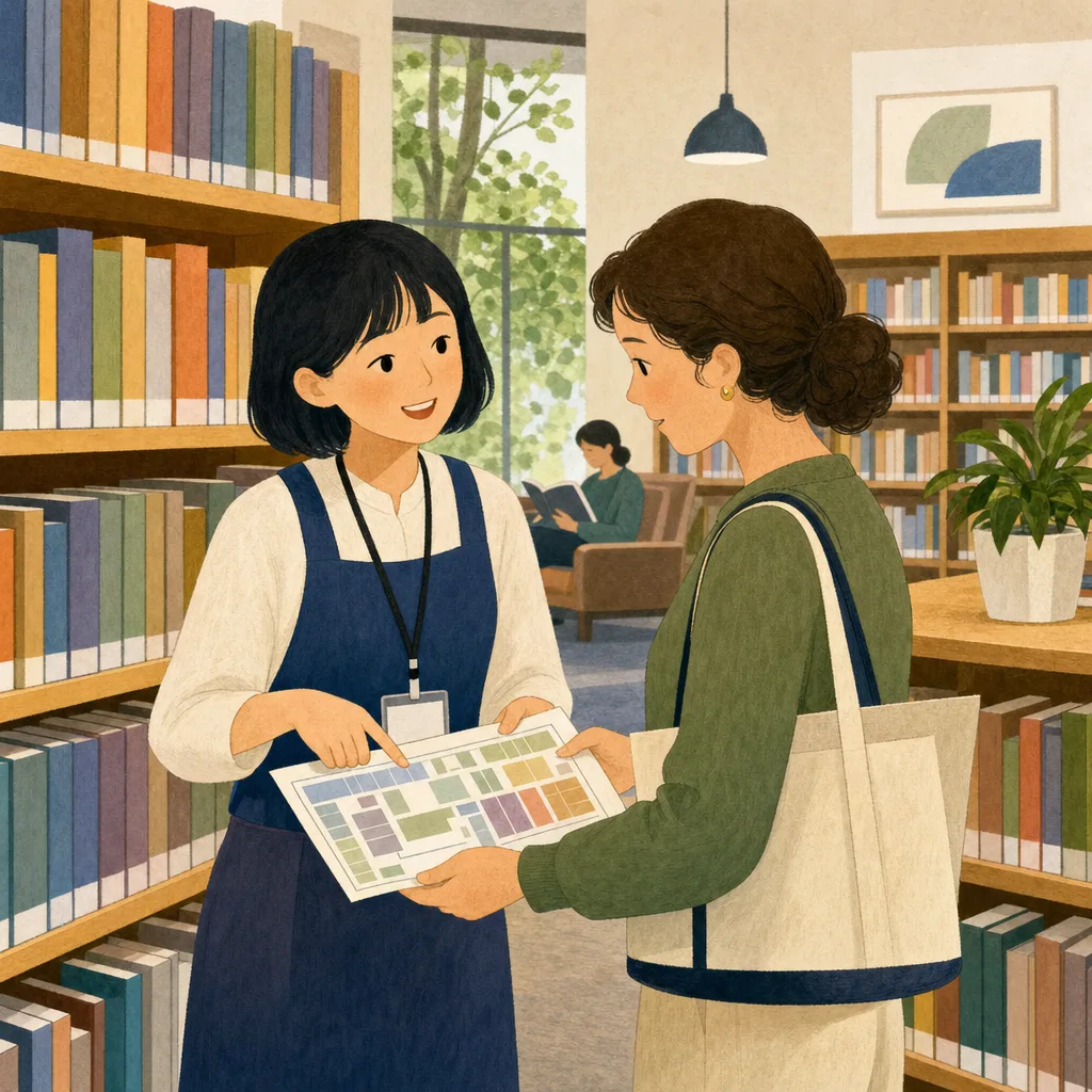 本探しを手伝う日本人図書館司書（編集記事向け）。図書館司書、図書館、読書、学習支援の記事に使える素材です。