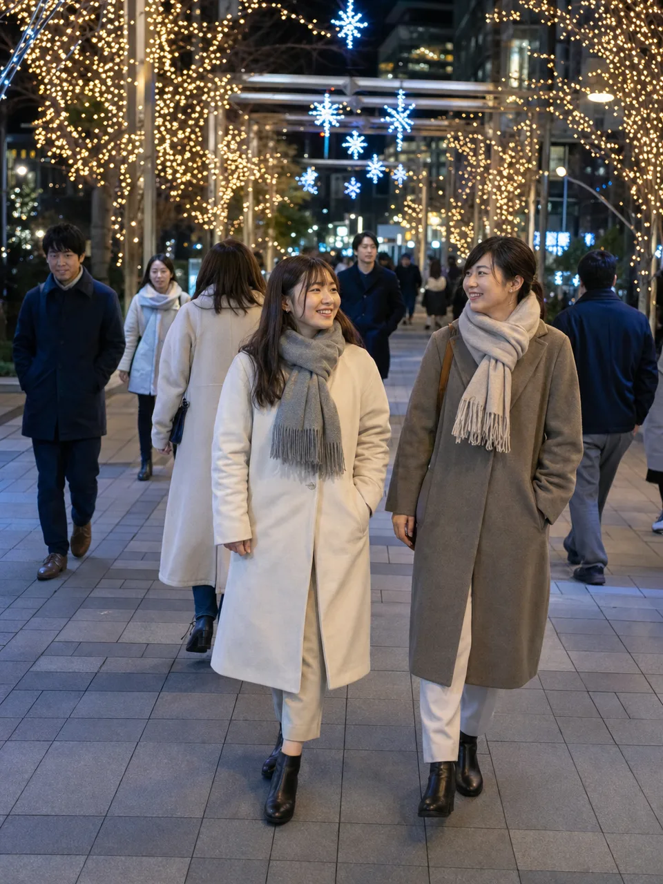 冬のイルミネーションを楽しむ日本人（自然な縦位置写真）。冬のイルミネーション、夜景、冬、外出の記事向け素材です。