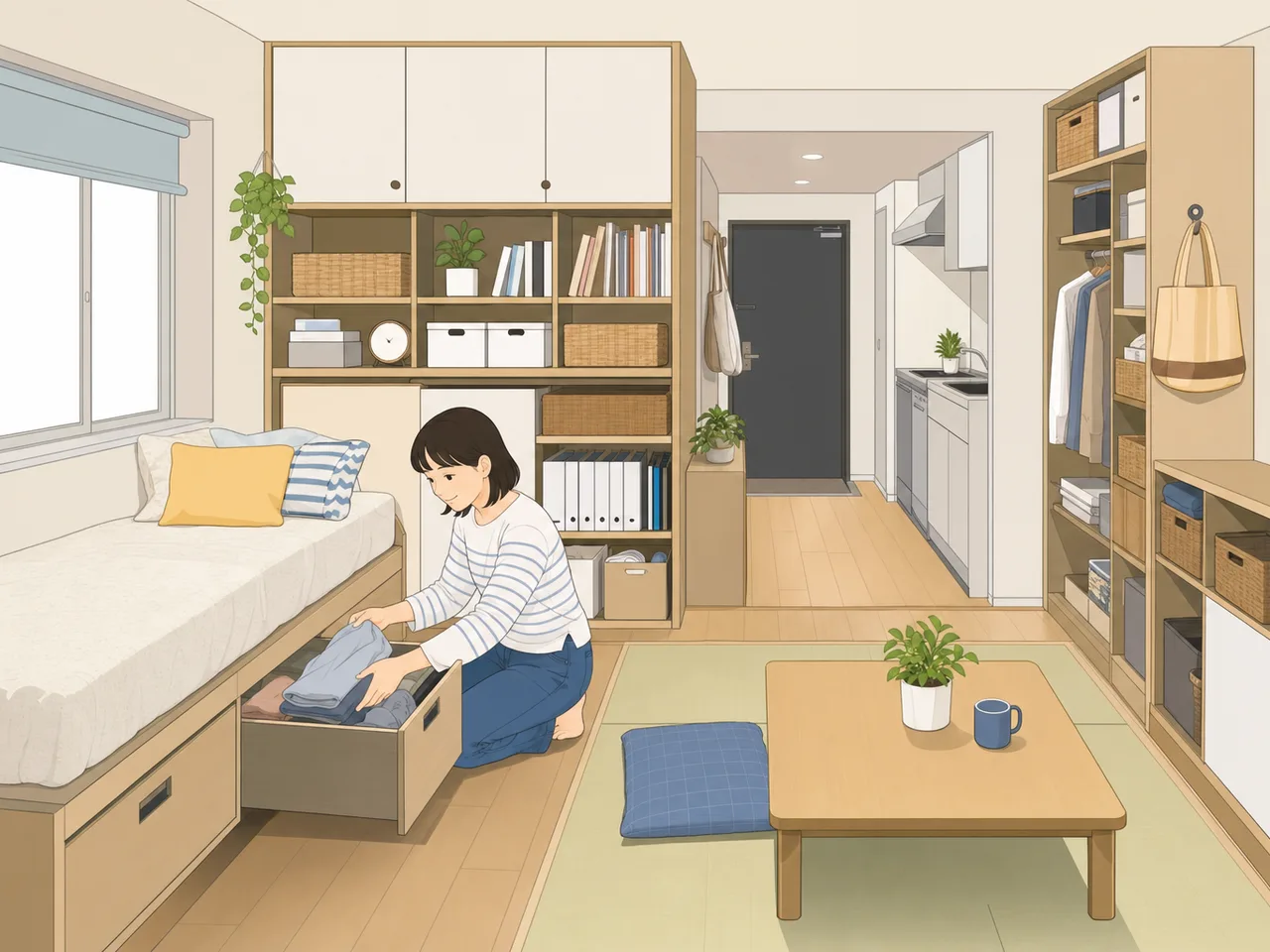 狭小住宅の収納を工夫する日本人（フラットイラスト）。狭小住宅収納、収納アイデア、小さな住まい、整理の記事向け素材です。