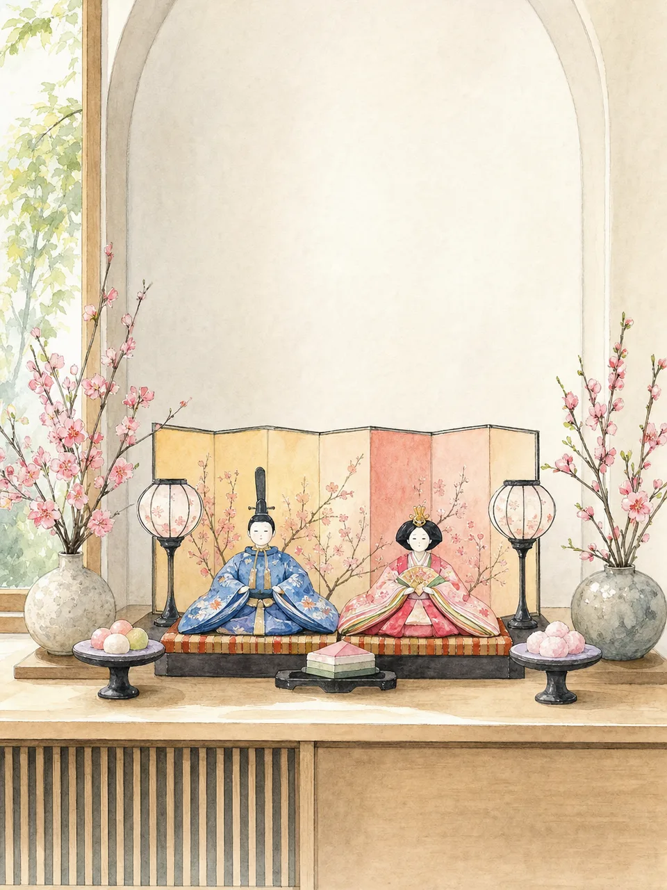 ひな祭りを彩るひな人形と桃の花（水彩フレーム）。ひな祭り、桃の節句、春、日本文化のデザインに使える素材です。