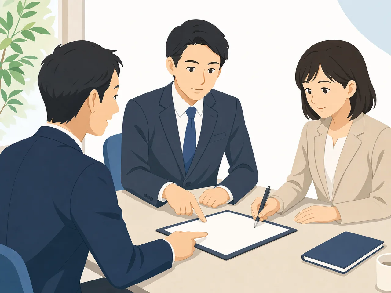 契約内容を確認するビジネス担当者（フラットイラスト）。契約、商談、士業、法人サービスの説明に使いやすいビジネス素材です。