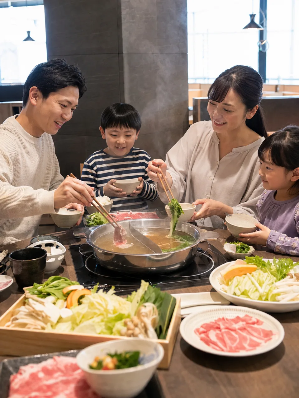 しゃぶしゃぶを囲む日本人家族（自然な縦位置写真）。しゃぶしゃぶ、鍋料理、家族、外食の記事向け素材です。