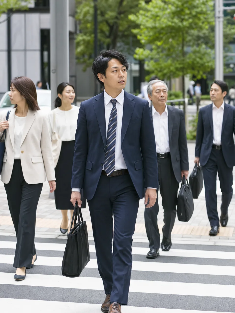 徒歩で通勤する日本人会社員（自然な縦位置写真）。徒歩通勤、通勤、会社員、歩くの記事や案内に使える商用素材です。