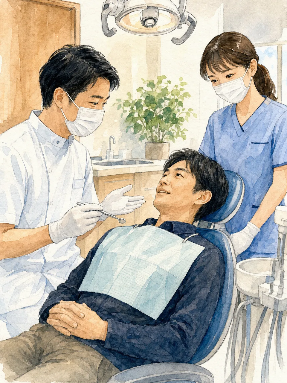 歯科健診を受ける日本人患者（手描き水彩）。歯医者、予防歯科、定期健診、口腔ケアの記事向け医療素材です。