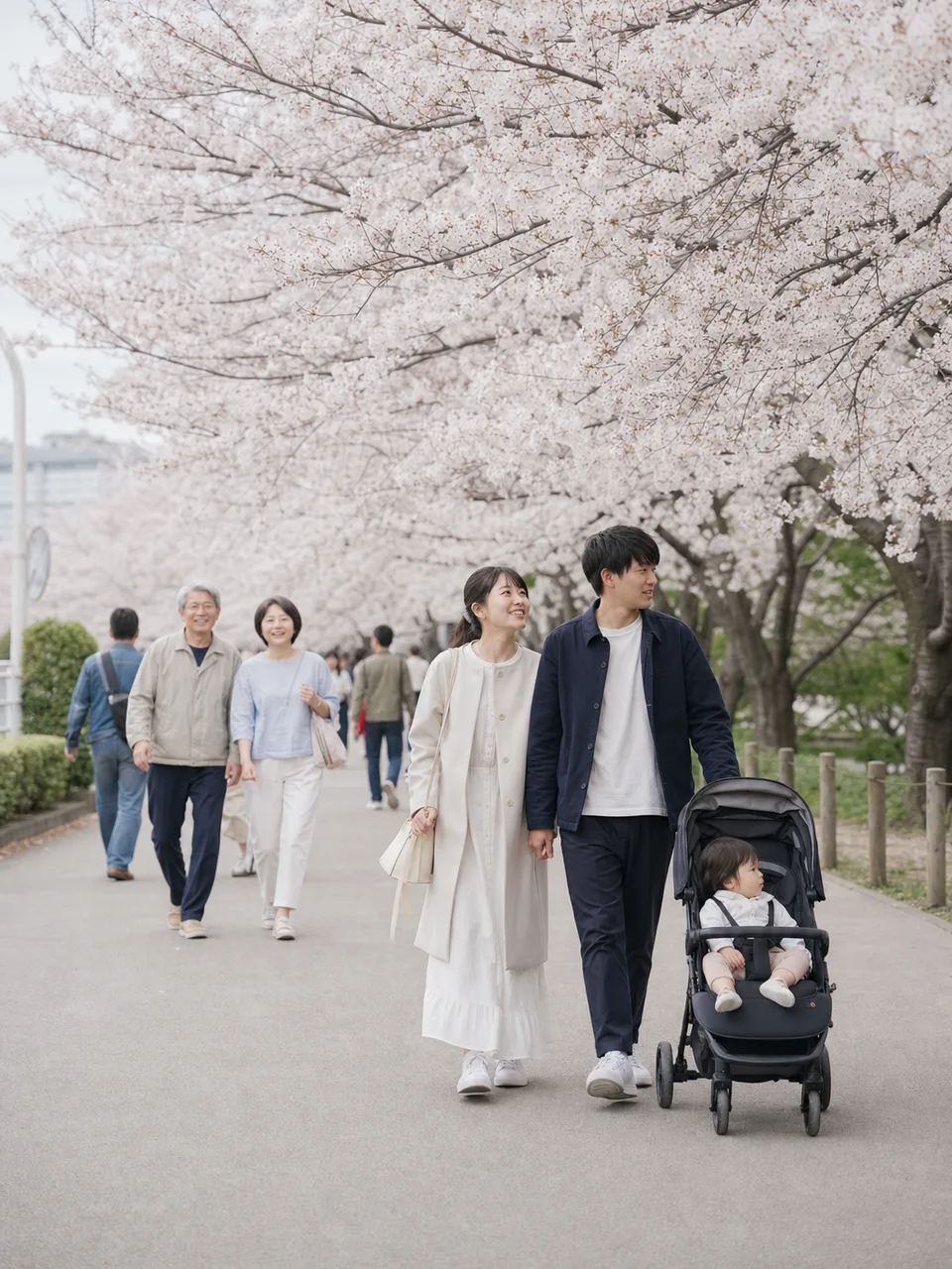 桜並木を歩く日本人（自然な縦位置写真）。桜並木、春、散歩、日本の季節の記事向け素材です。