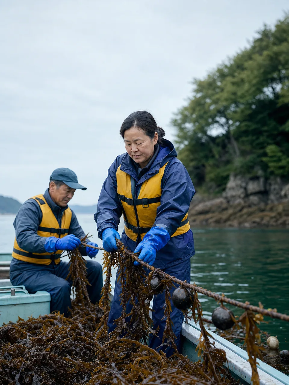 海藻を収穫する日本人漁業者（自然な縦位置写真）。海藻養殖、海苔、わかめ、水産業の記事や案内に使える商用素材です。