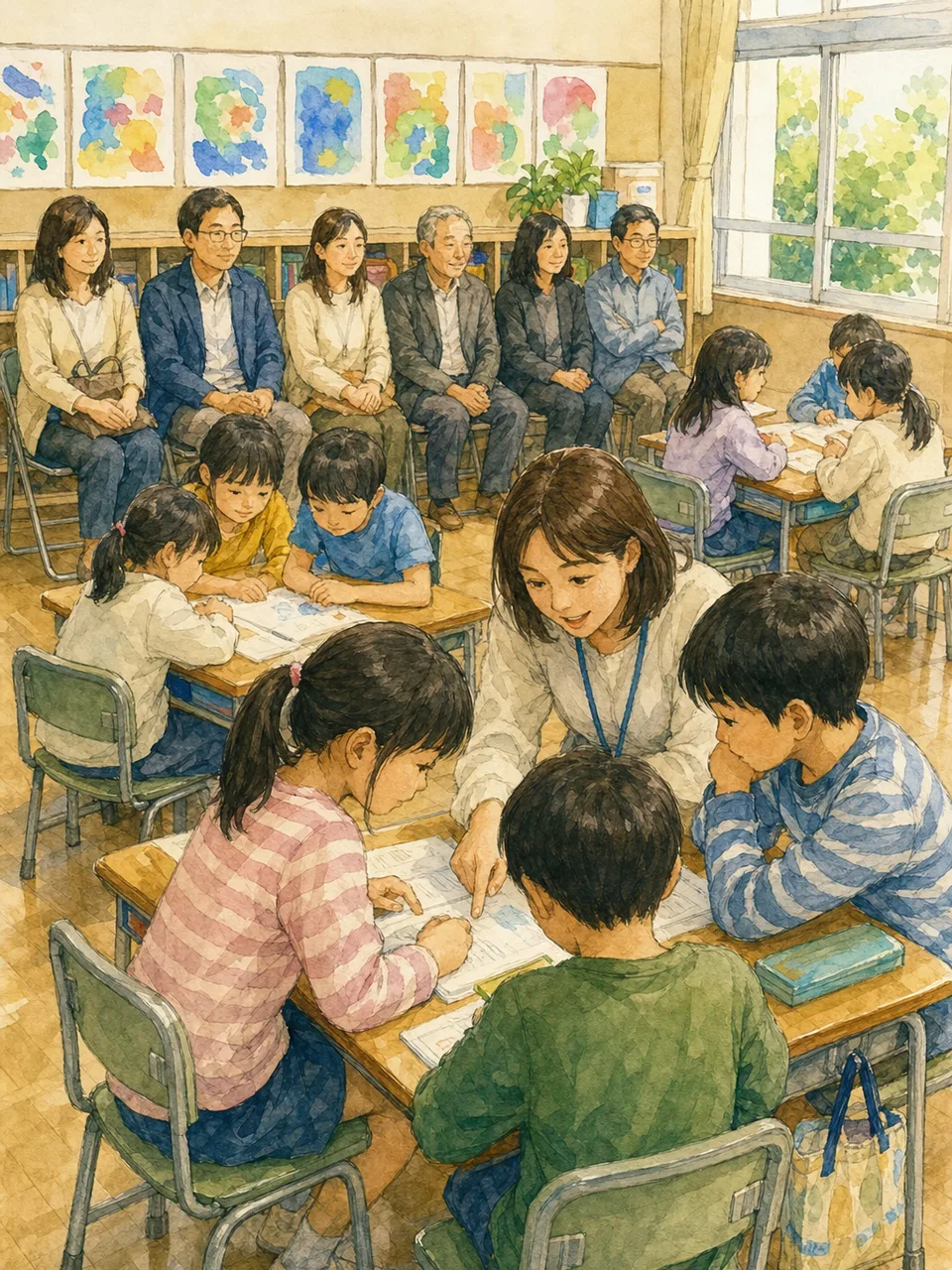 授業参観に参加する日本人保護者（手描き水彩）。授業参観、保護者、学校、子どもの学びの記事向け素材です。