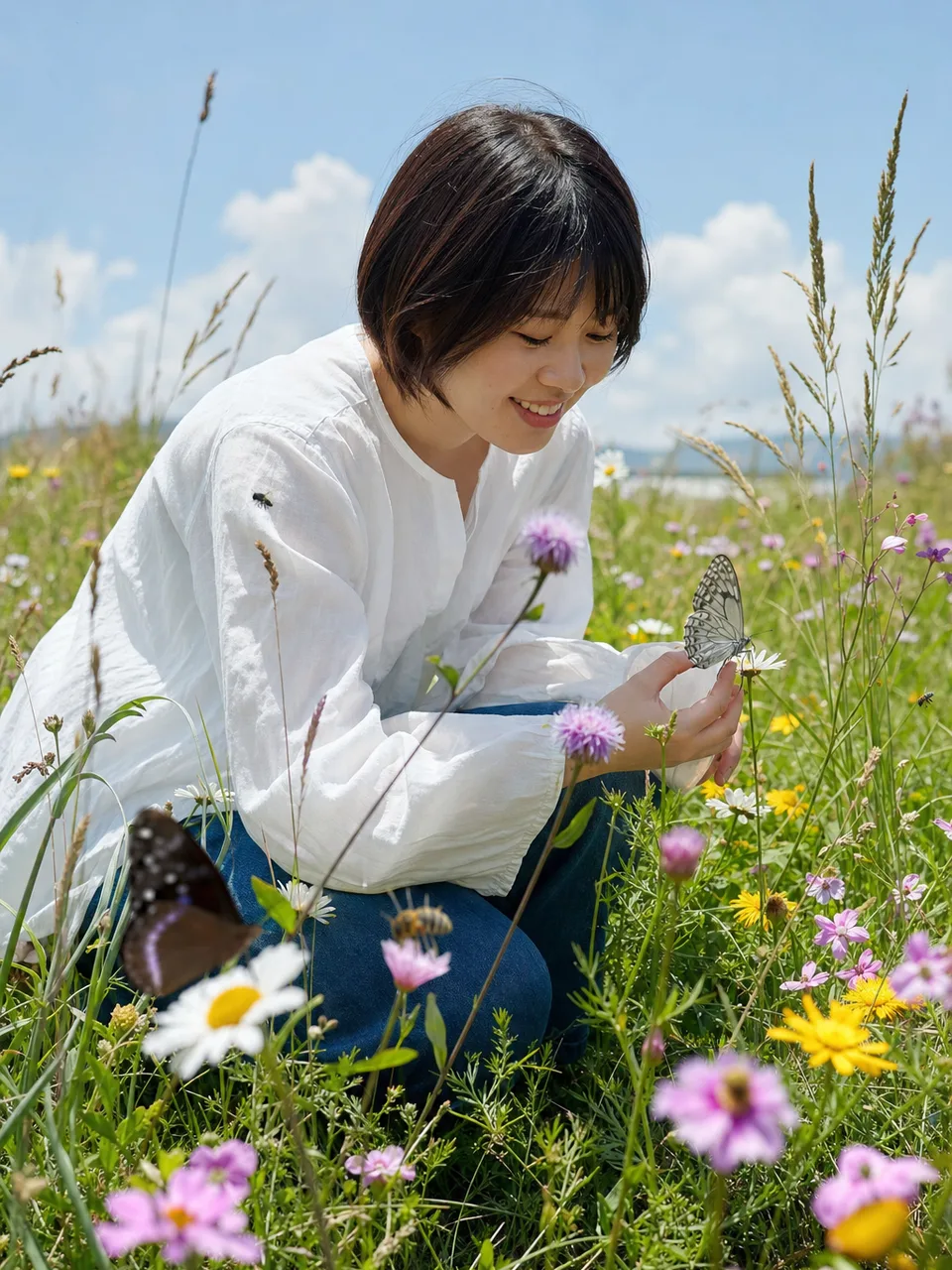 花粉を運ぶ昆虫が訪れる草地（自然な縦位置写真）。送粉者、ポリネーター、草花、生物多様性の記事や案内に使える商用素材です。