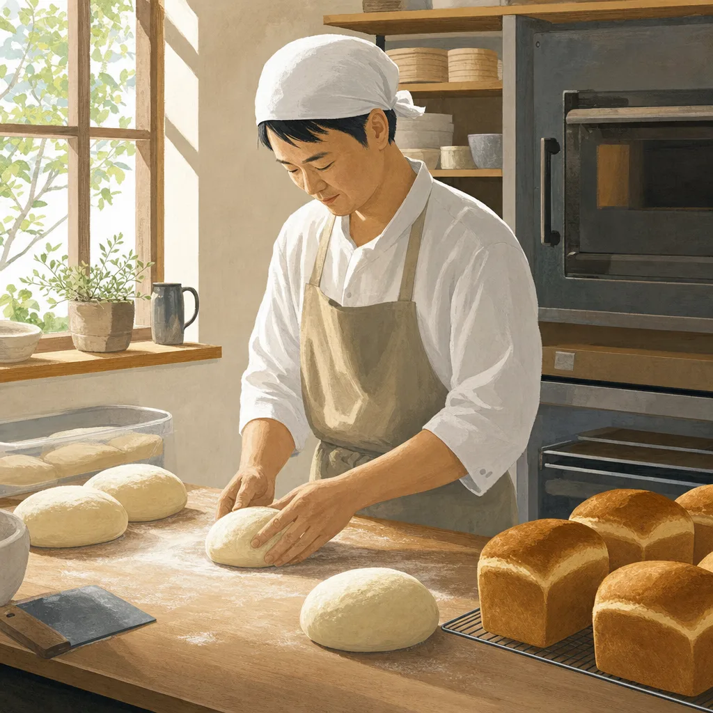 パンを作る日本人パン職人（編集記事向け）。パン職人、ベーカリー、食品製造、地域店舗の記事向け素材です。