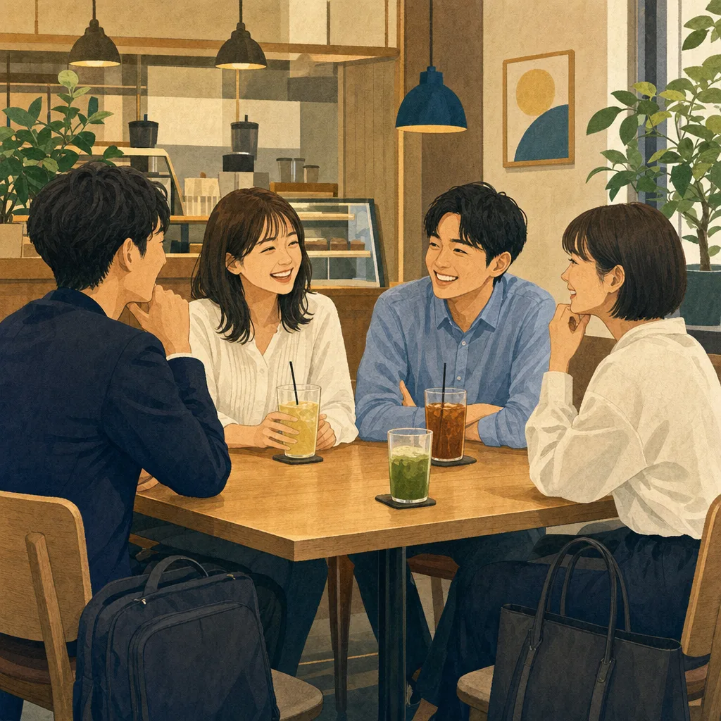 仕事帰りに話す日本人の友人（編集記事向け）。仕事帰りのノンアルカフェ、退勤後の友人との会話、仕事帰り、友人の記事や案内に使える商用素材です。