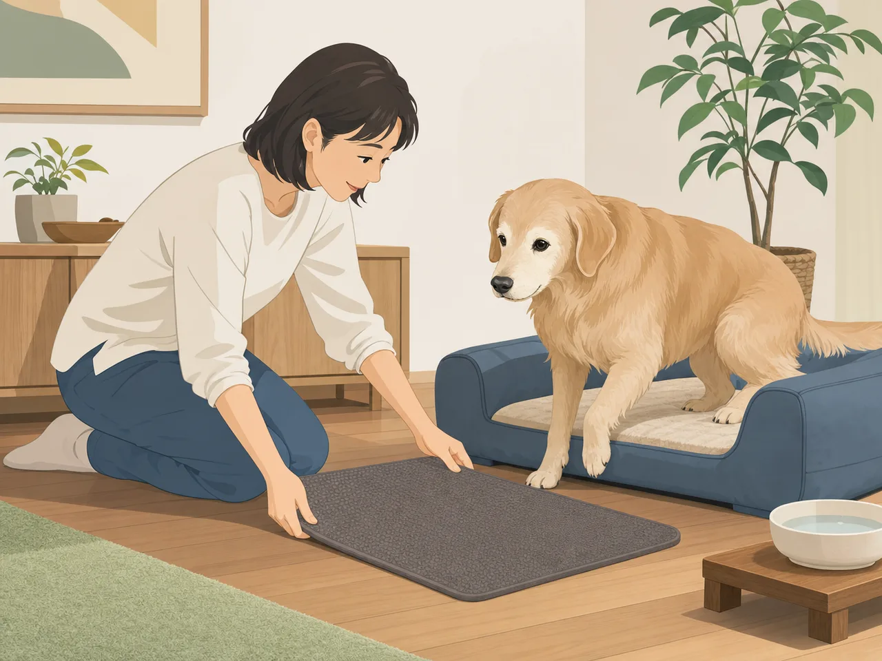 老犬をやさしく見守る日本人（フラットイラスト）。老犬介護、シニア犬、ペットケア、暮らしの記事向け素材です。