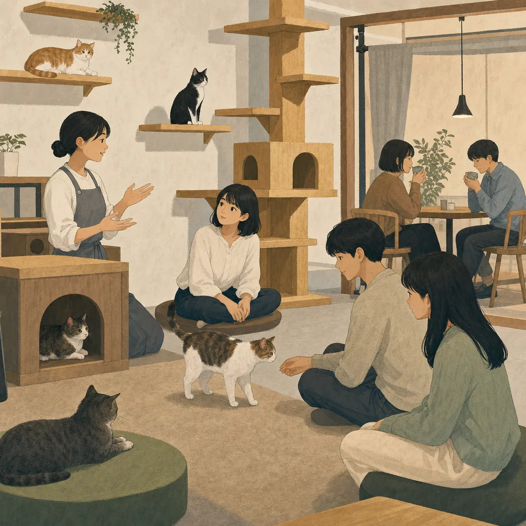 猫カフェで過ごす日本人（編集記事向け）。猫カフェ、猫、動物福祉、くつろぎの記事向け素材です。