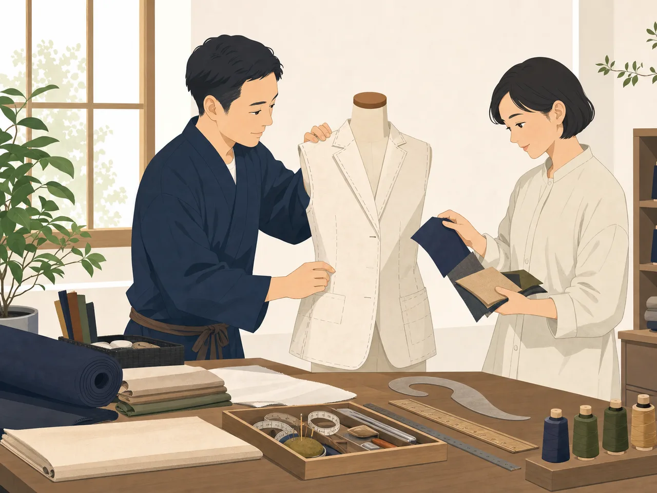 服を仕立てる日本人の洋裁職人（フラットイラスト）。仕立て屋、洋裁、縫製、ものづくりの記事向け素材です。