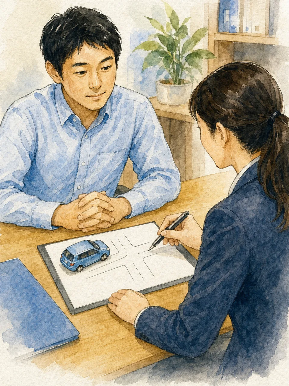 交通事故後の保険相談をする日本人（手描き水彩）。交通事故、自動車保険、事故対応、相談窓口の記事向け素材です。