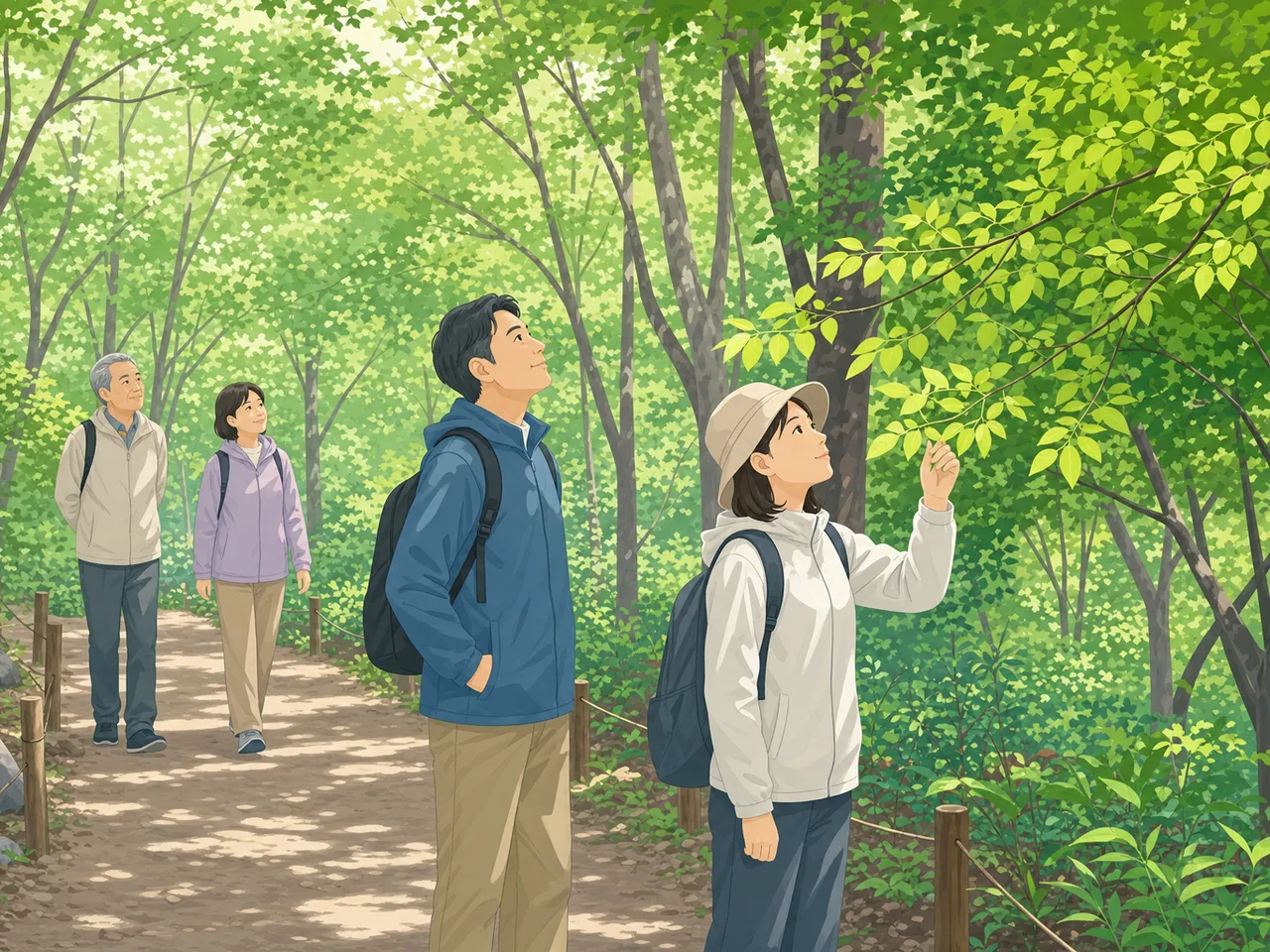 森林浴を楽しむ日本人（フラットイラスト）。森林浴、自然、健康、ハイキングの記事に使える素材です。