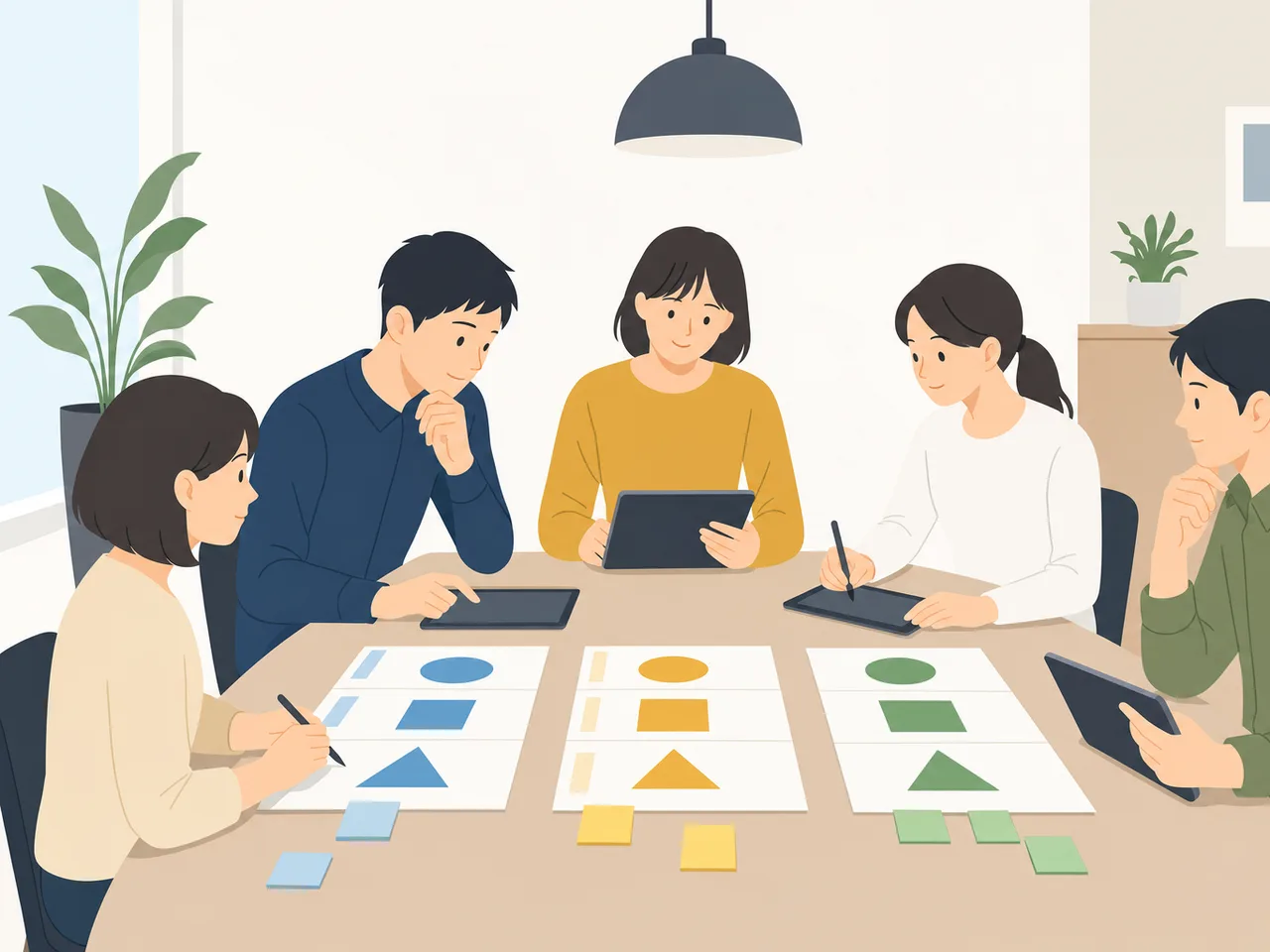 AIモデルを評価する日本人チーム（フラットイラスト）。AI評価、モデル評価、生成AI、品質評価の記事や案内に使える商用素材です。